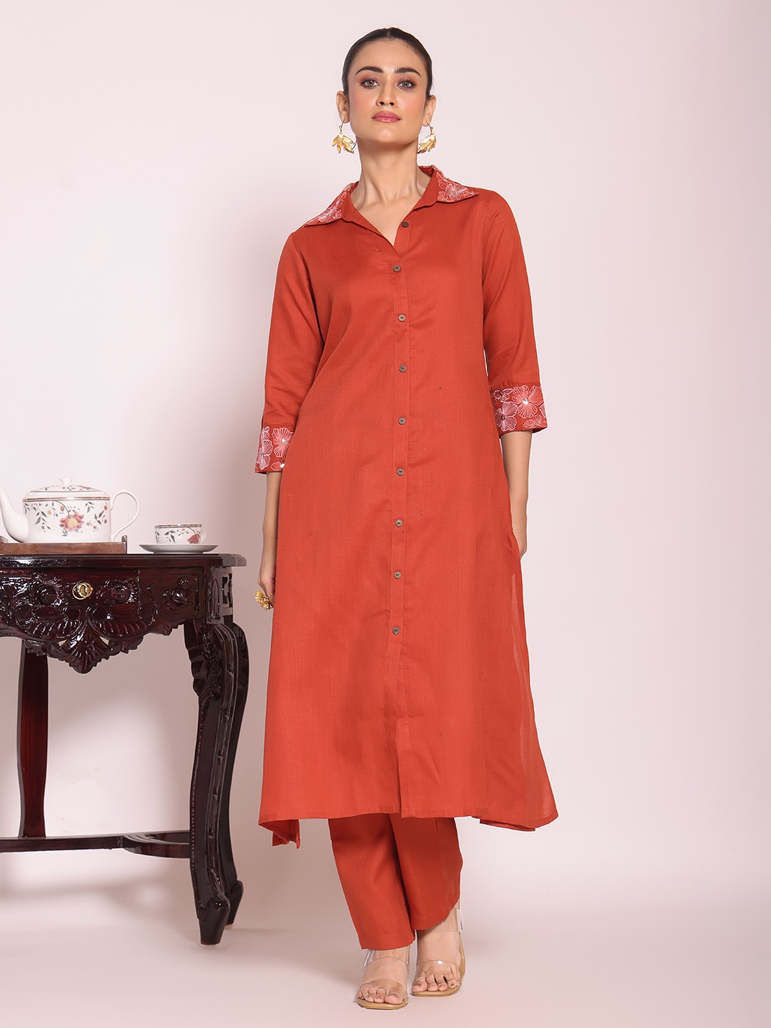 Rust Shirt Collar Poly Silk Kurti Set