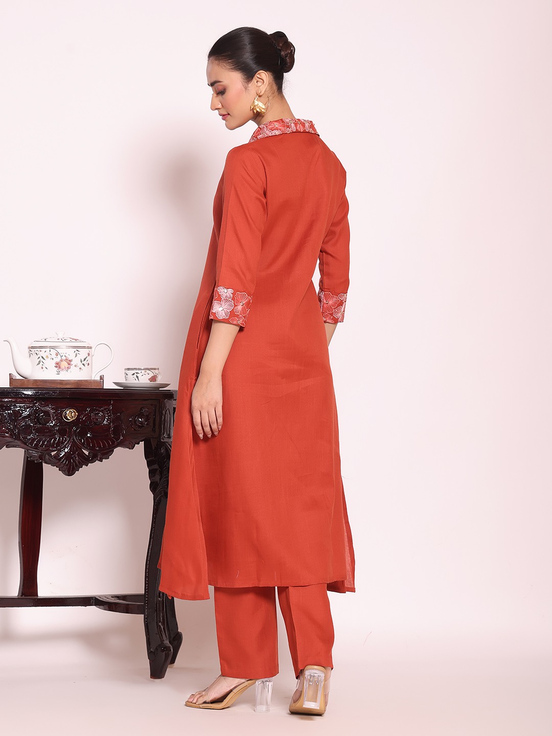 Rust Shirt Collar Poly Silk Kurti Set — alternate view