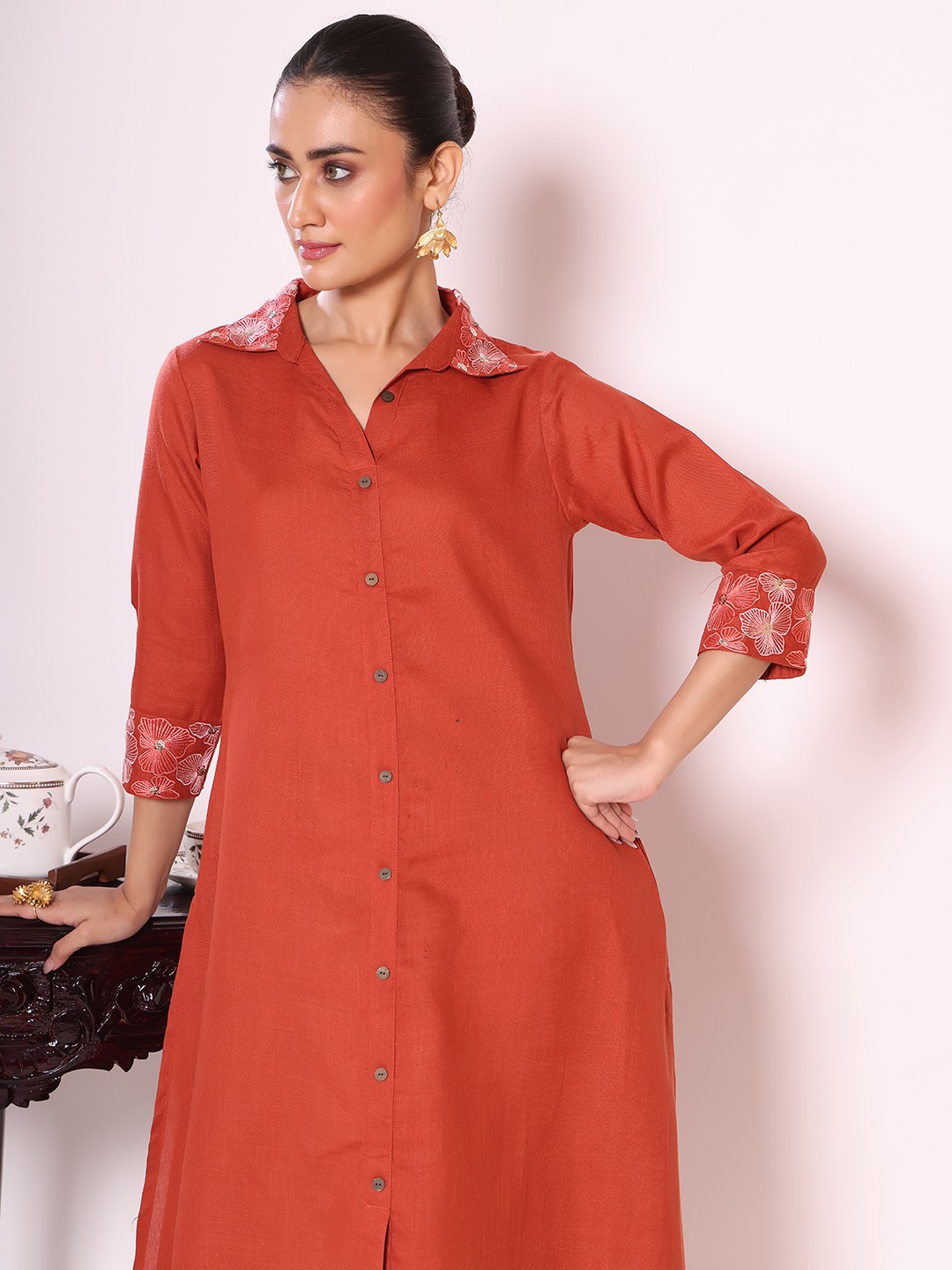 Rust Shirt Collar Poly Silk Kurti Set