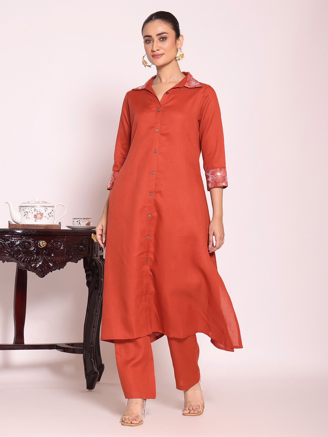 Rust Shirt Collar Poly Silk Kurti Set