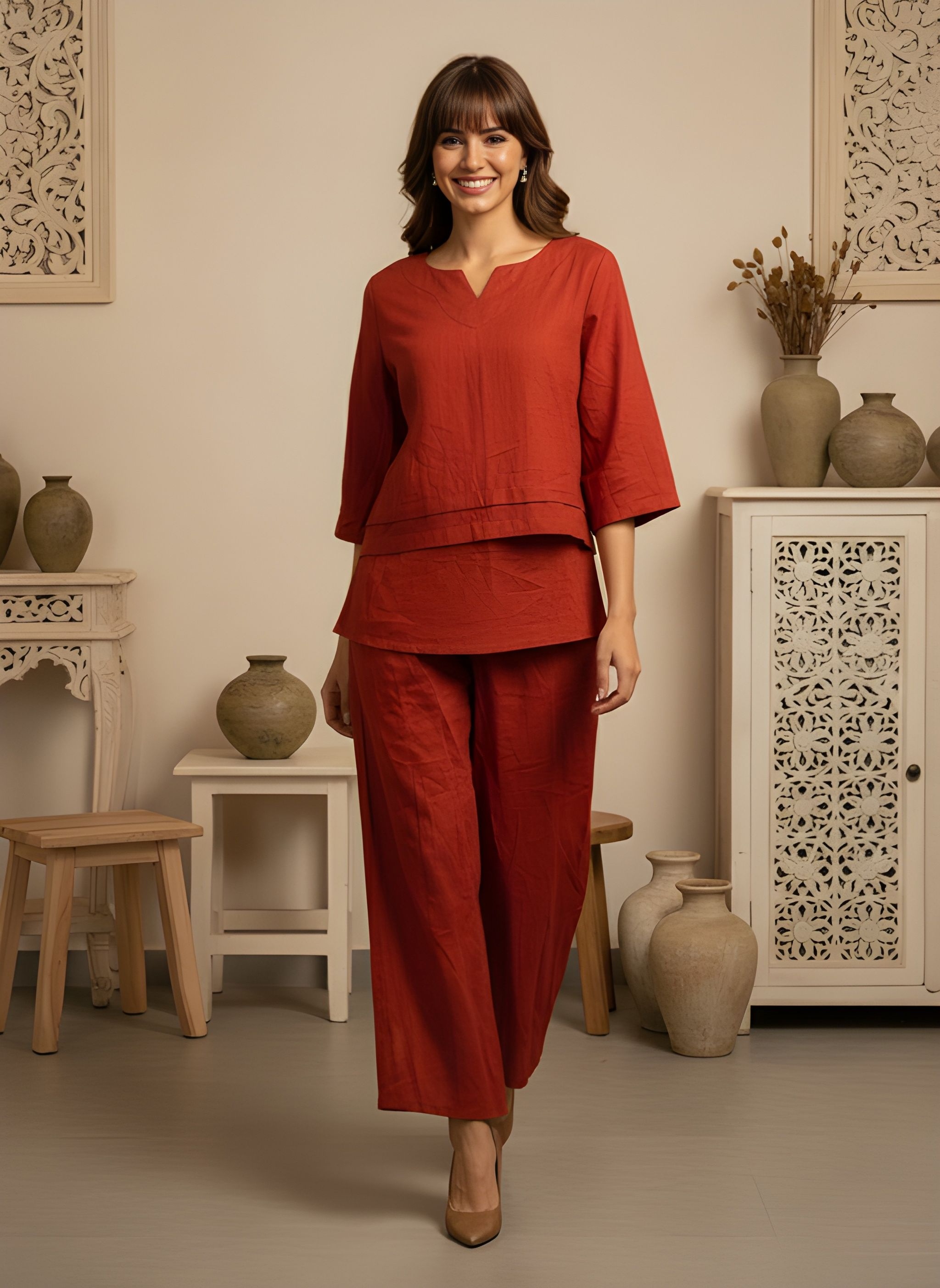 Rust Solid Designer Cotton Slub Layered Kurta Set