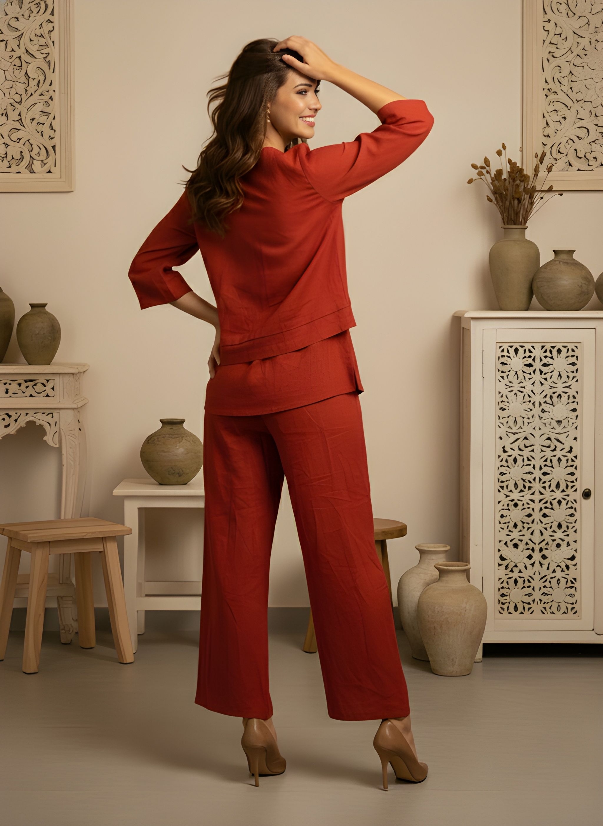 Rust Solid Designer Cotton Slub Layered Kurta Set — alternate view