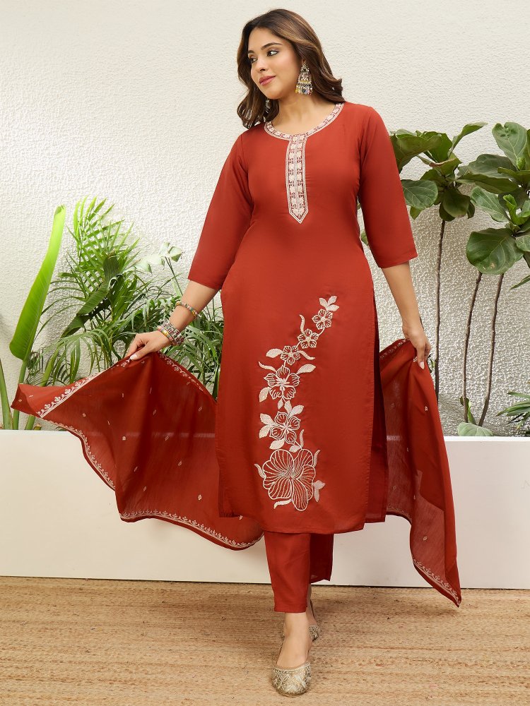Rust Solid Embroidered Roman Silk Straight Suit