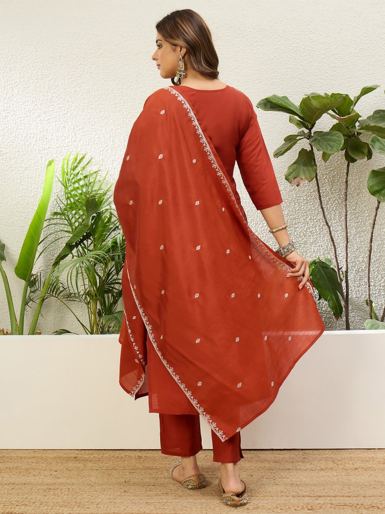 Rust Solid Embroidered Roman Silk Straight Suit — alternate view