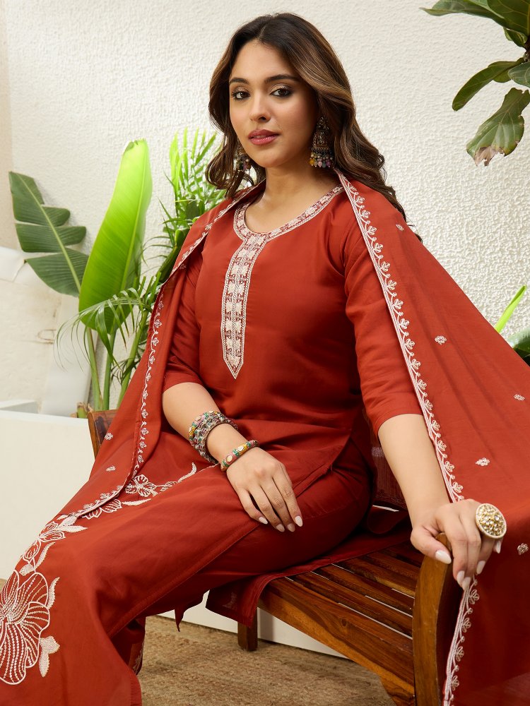 Rust Solid Embroidered Roman Silk Straight Suit