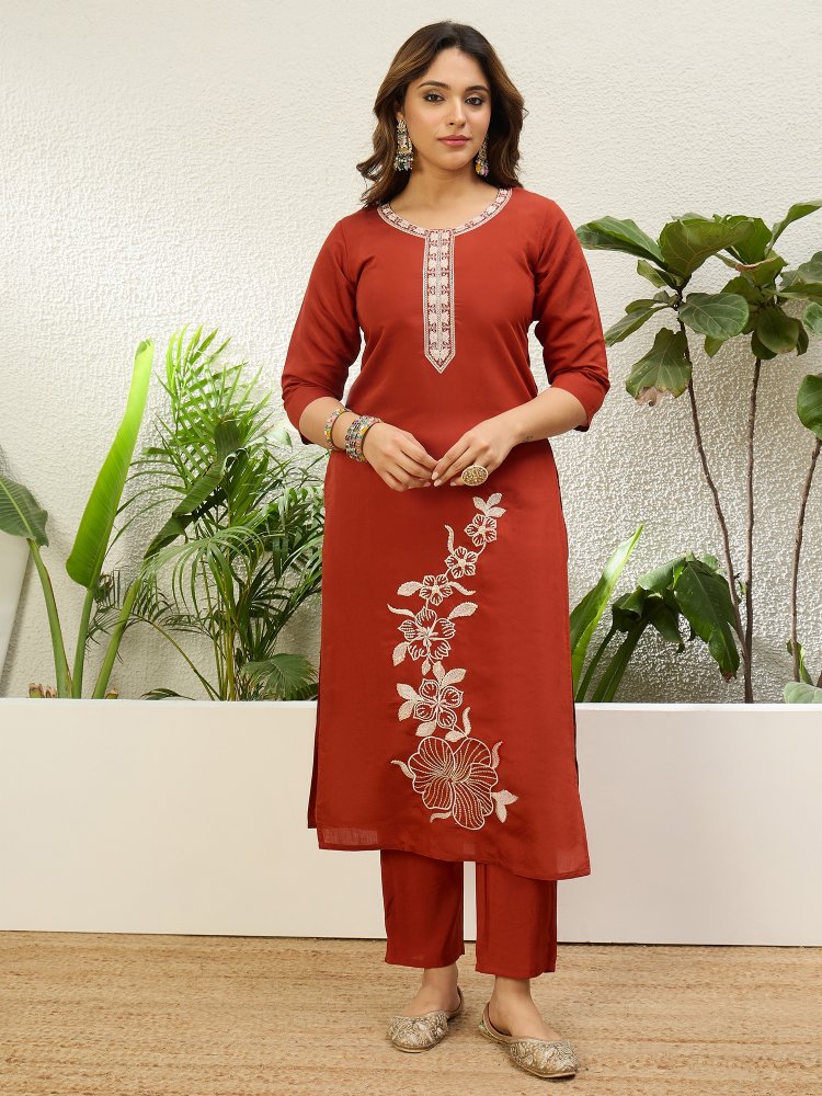 Rust Solid Embroidered Roman Silk Straight Suit