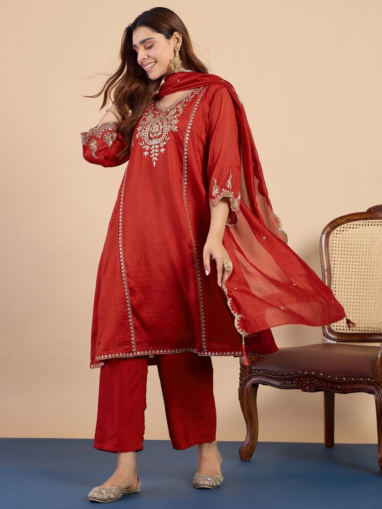 Rust Solid Embroidered Silk Blend Straight Suit