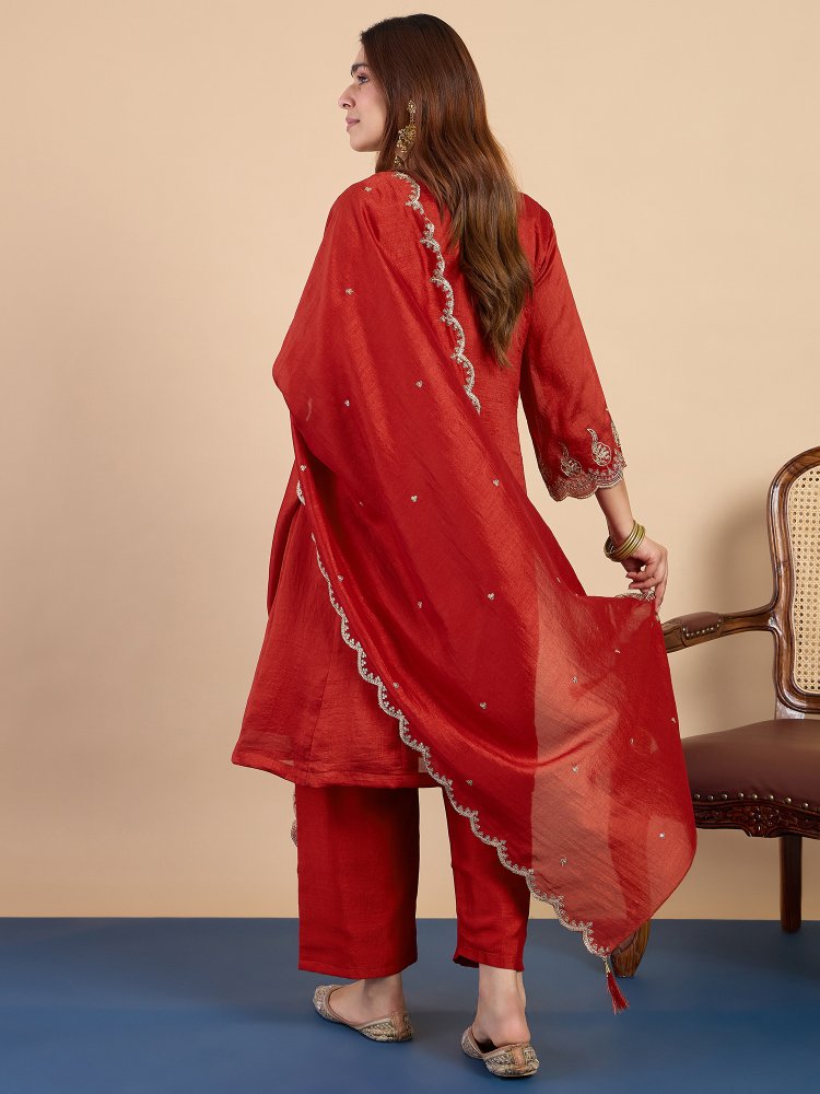 Rust Solid Embroidered Silk Blend Straight Suit — alternate view