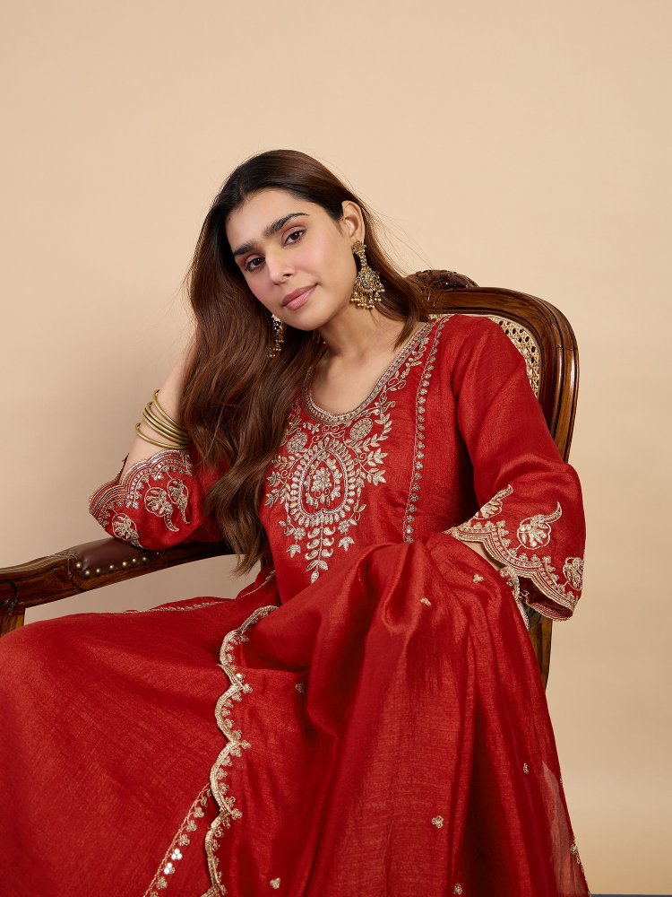 Rust Solid Embroidered Silk Blend Straight Suit