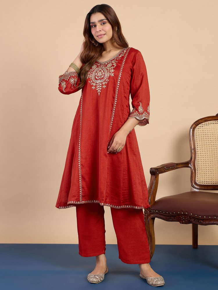 Rust Solid Embroidered Silk Blend Straight Suit
