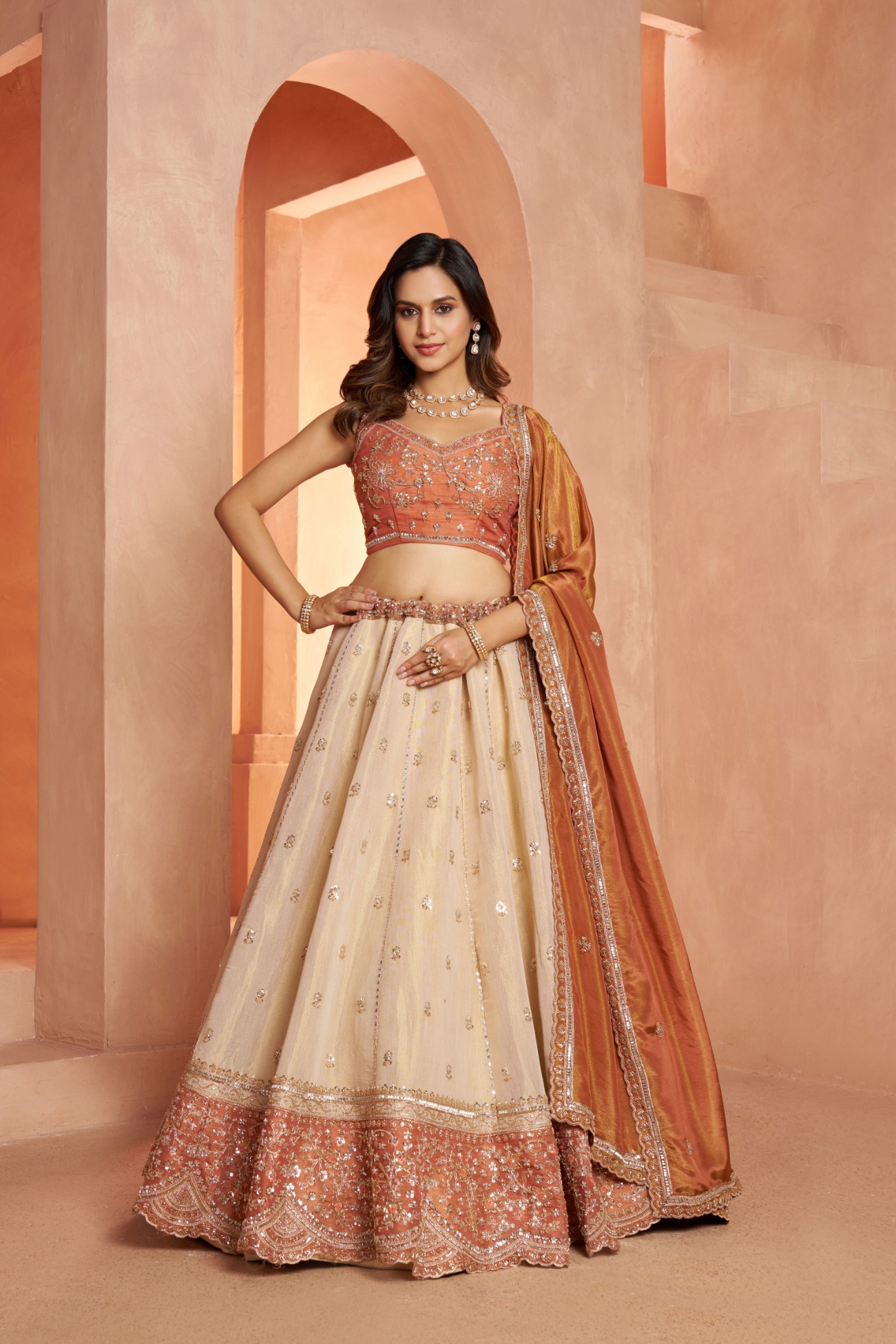 Rust Temple Kanjivaram Lehenga Choli