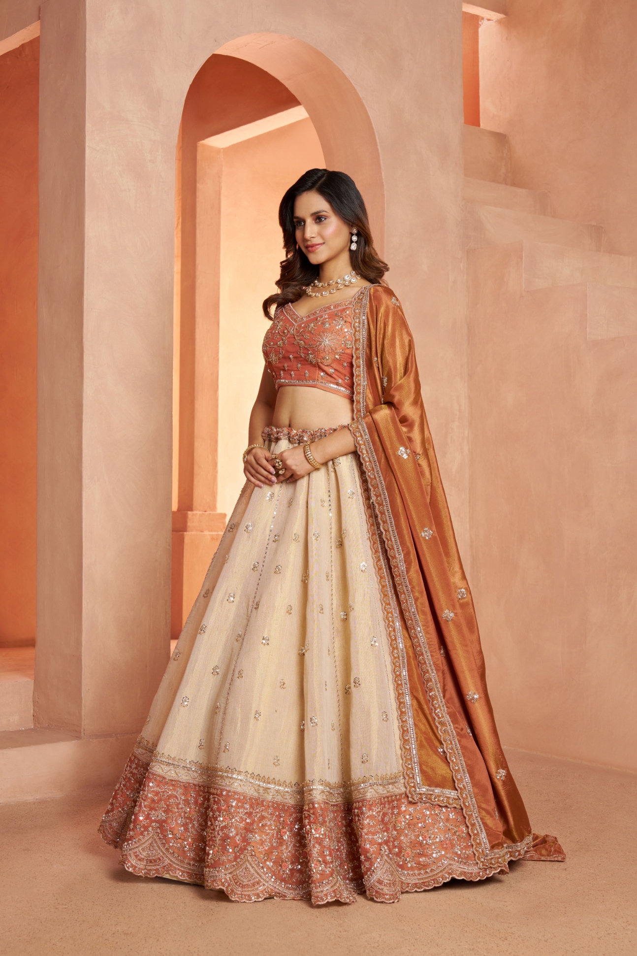 Rust Temple Kanjivaram Lehenga Choli
