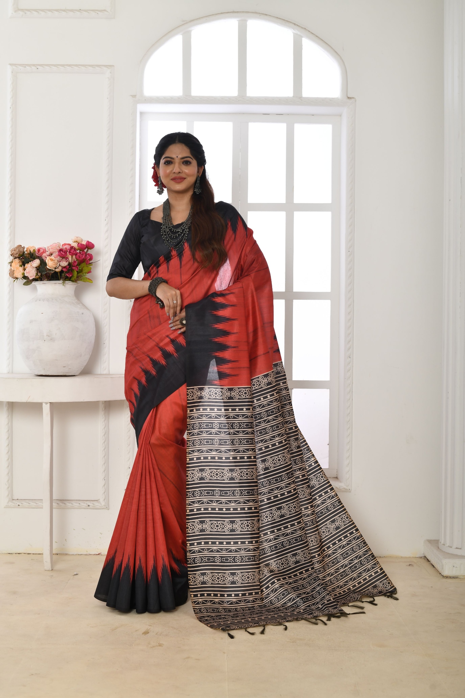 Rust Temple Printed Tussar Silk Saree