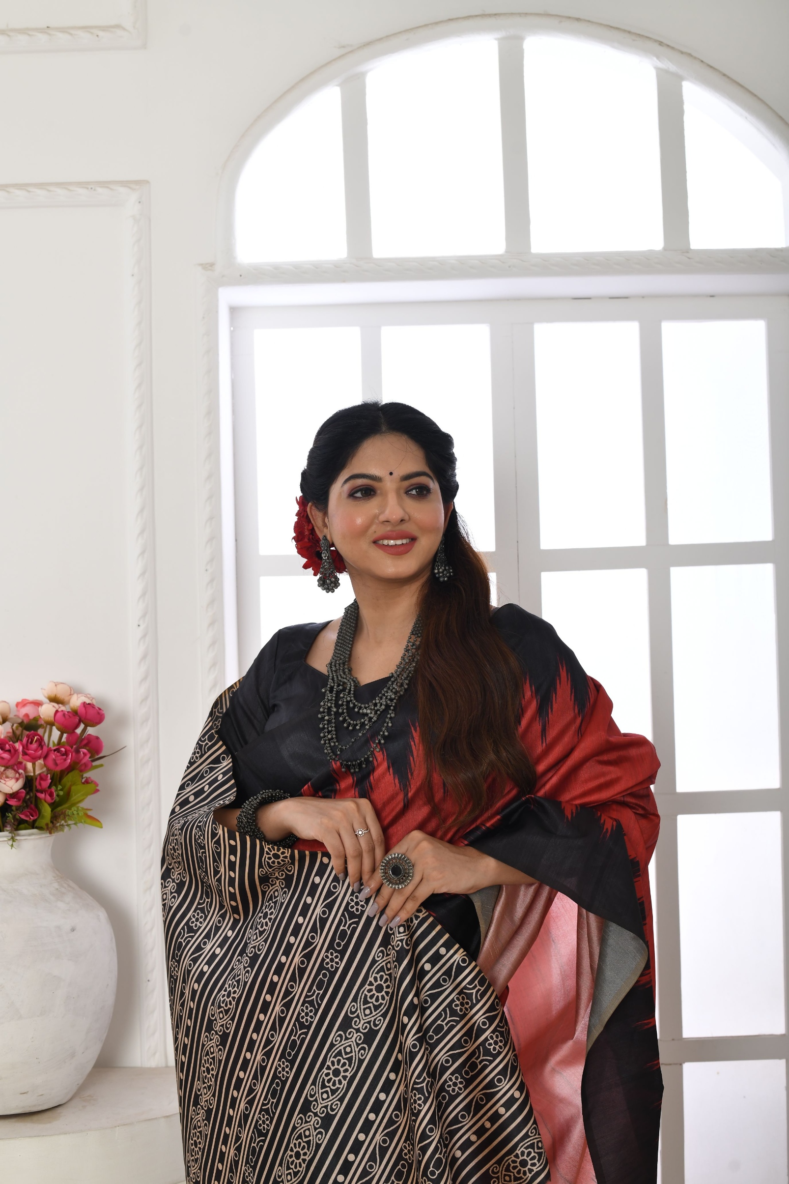 Rust Temple Printed Tussar Silk Saree — alternate view