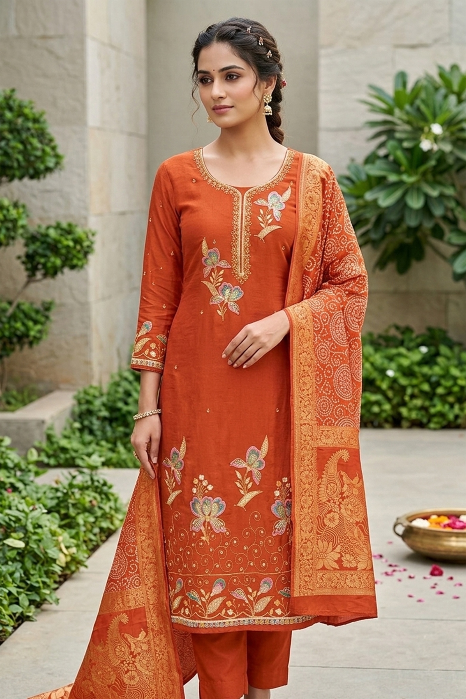 Rust Textured Georgette Traditional Print Salwar Suit