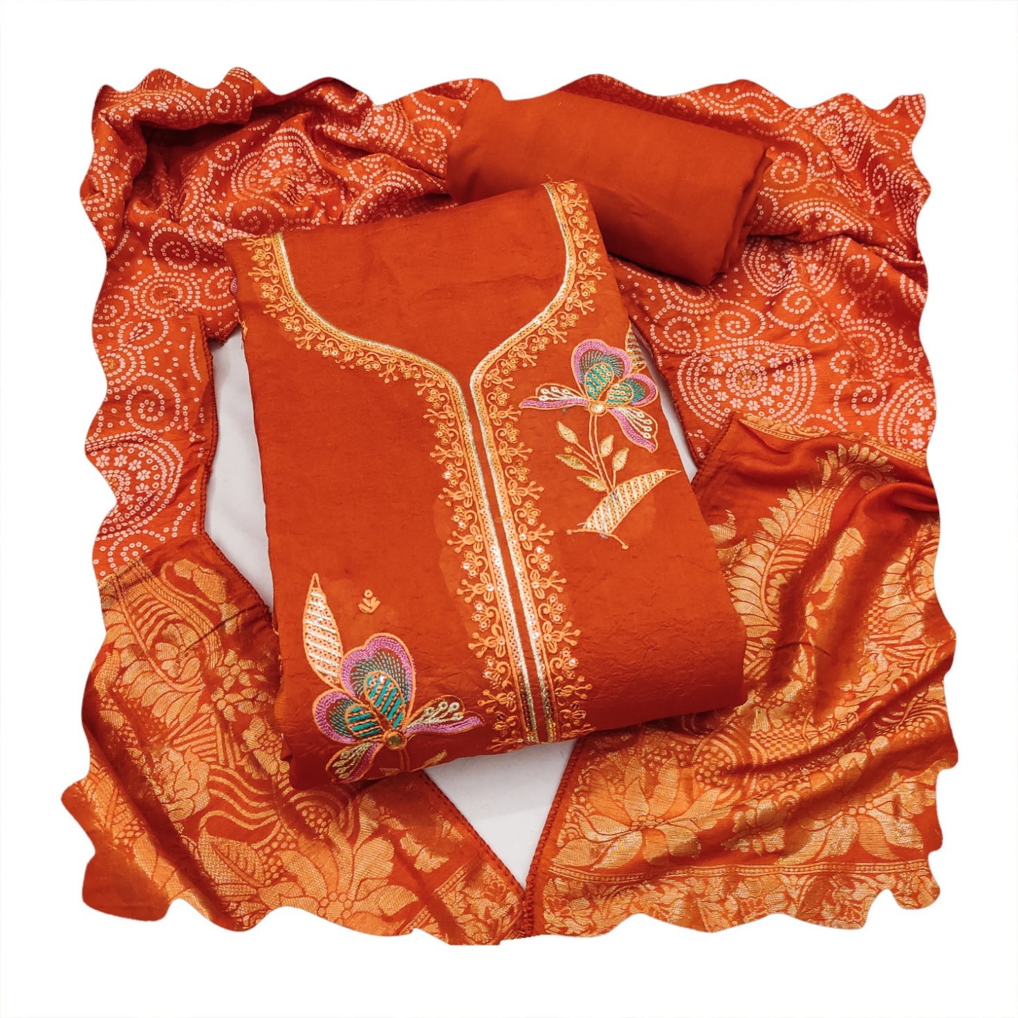 Rust Textured Georgette Traditional Print Salwar Suit — alternate view
