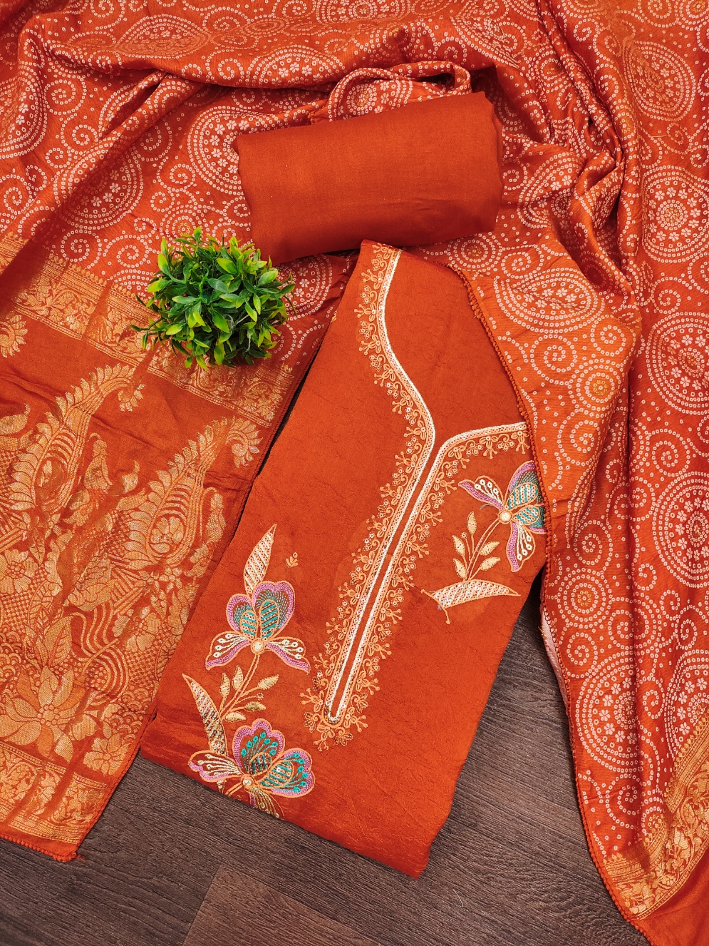 Rust Textured Georgette Traditional Print Salwar Suit