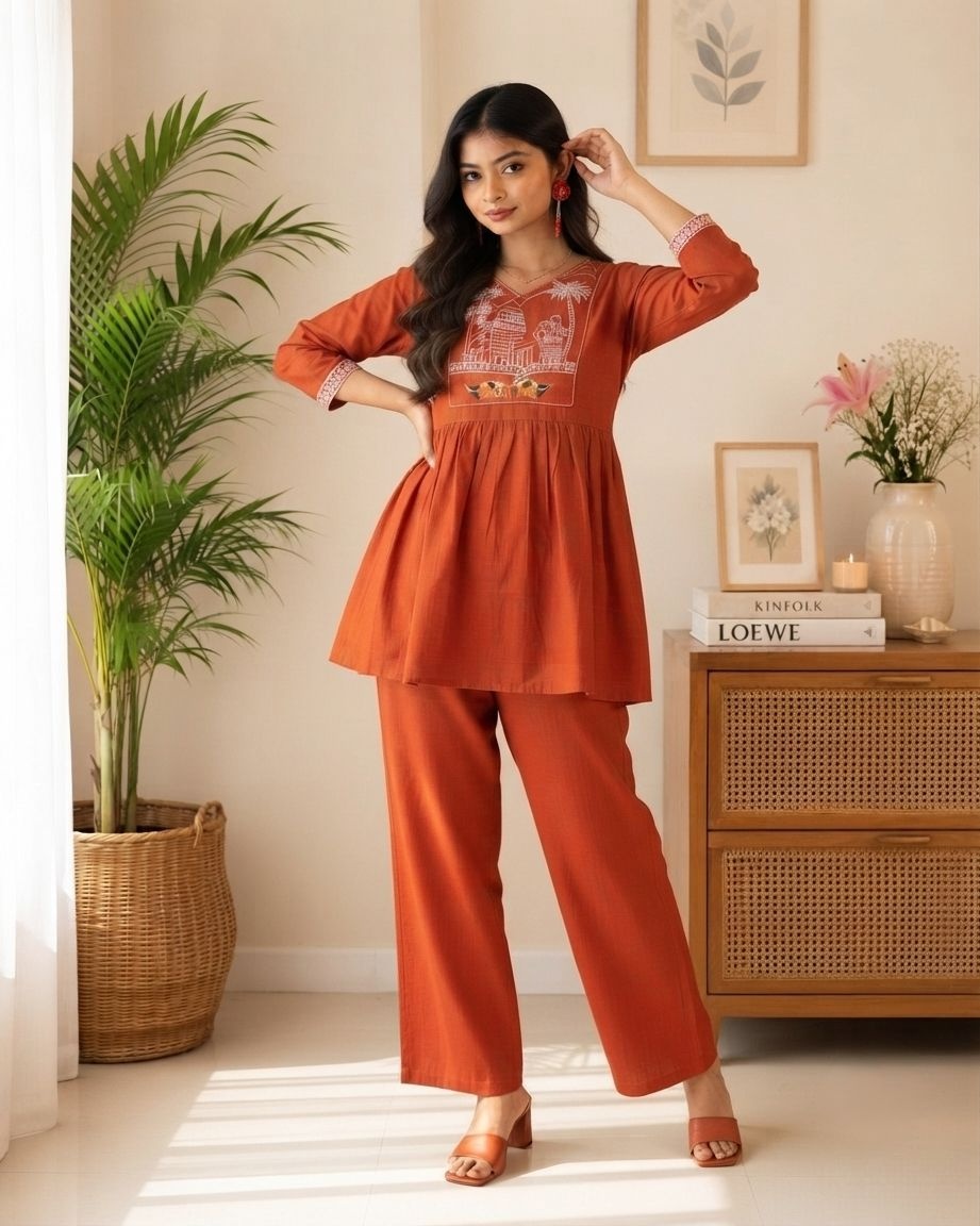 Rust Thread Embroidered Cotton Peplum Co-Ord