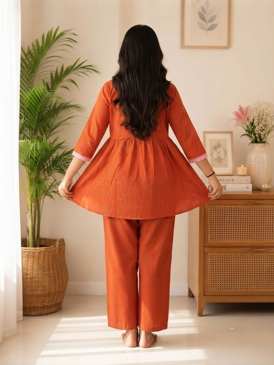 Rust Thread Embroidered Cotton Peplum Co-Ord — alternate view