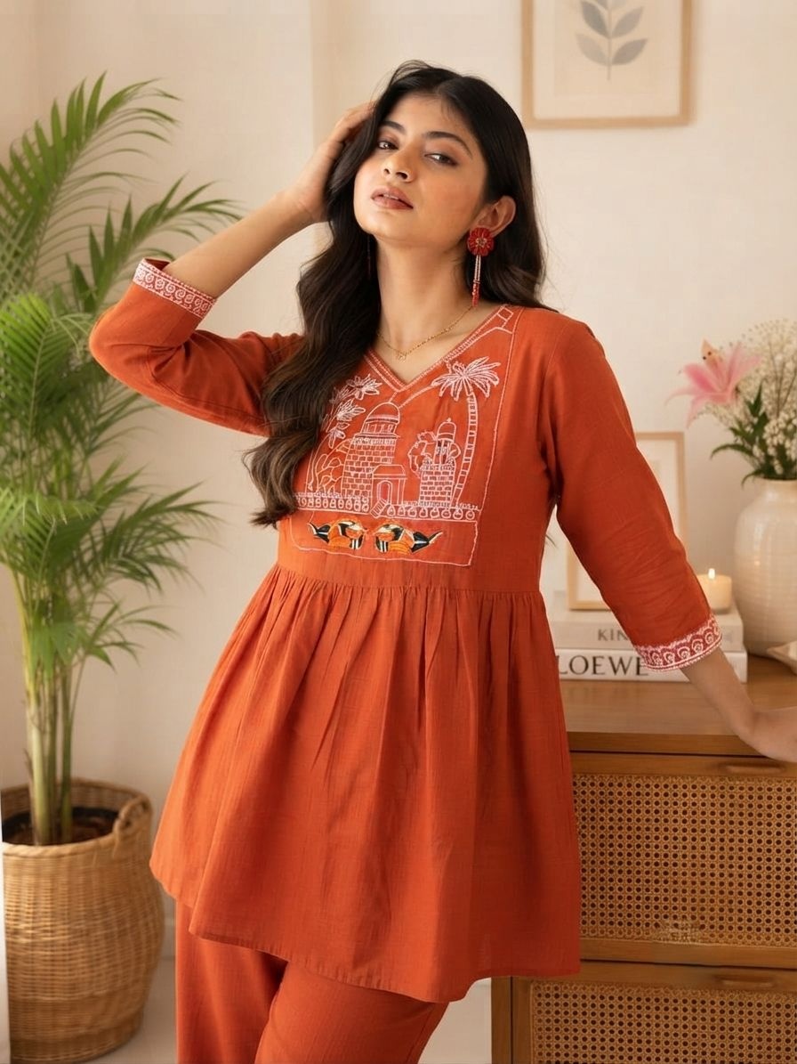 Rust Thread Embroidered Cotton Peplum Co-Ord