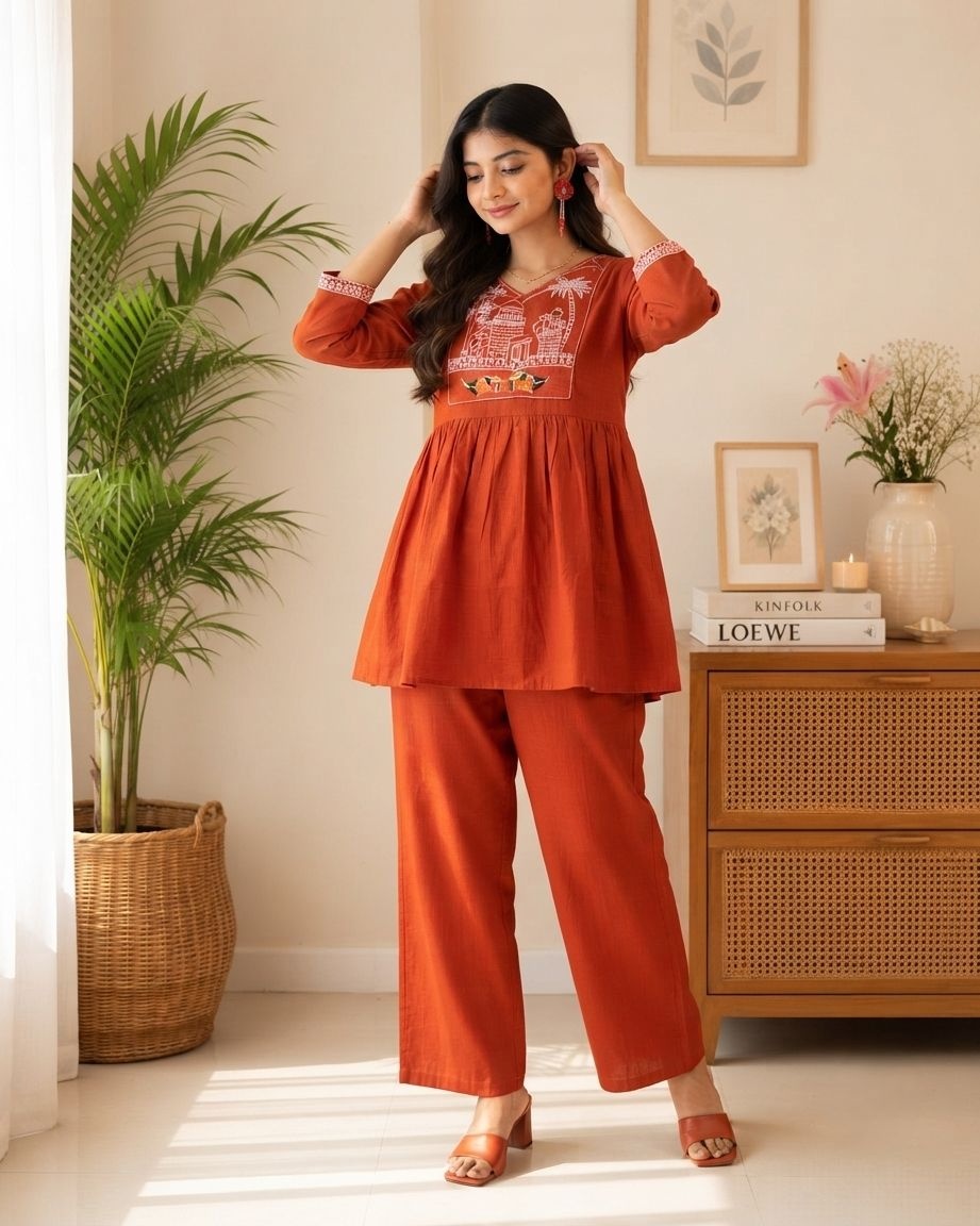 Rust Thread Embroidered Cotton Peplum Co-Ord