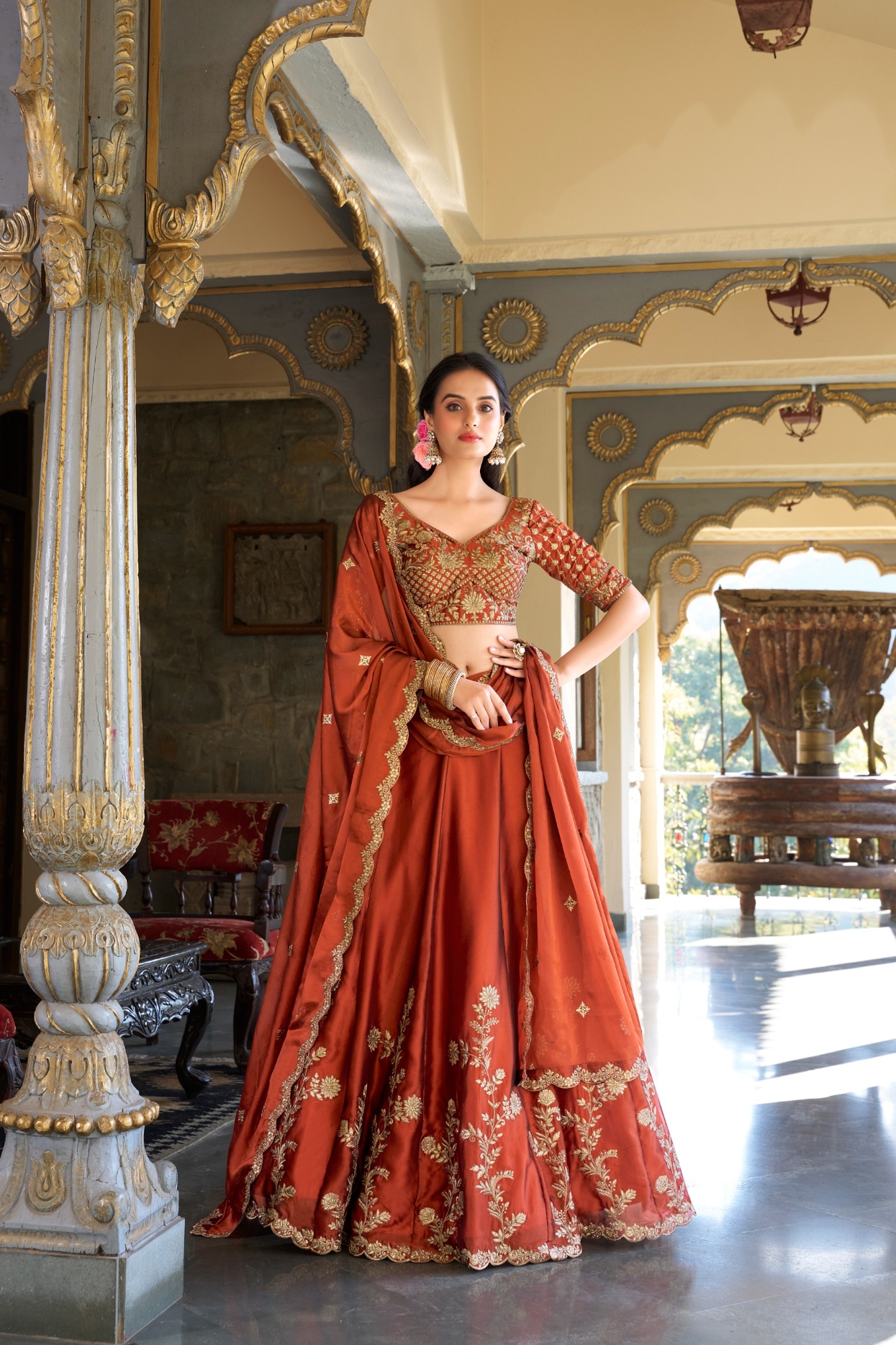 Rust Thread Embroidered Rangoli Silk Lehenga Choli