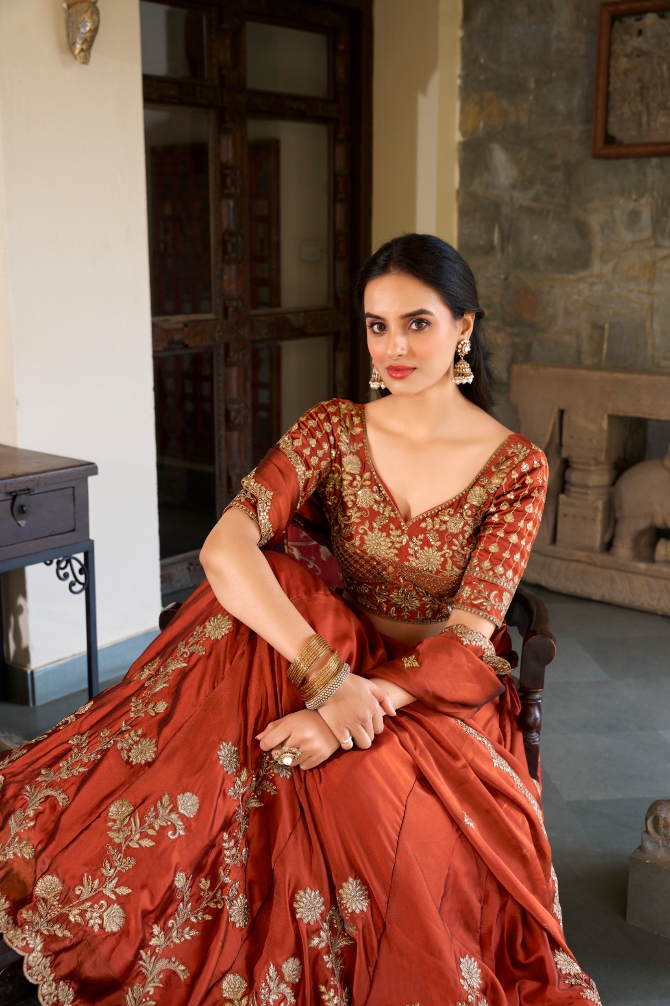 Rust Thread Embroidered Rangoli Silk Lehenga Choli — alternate view