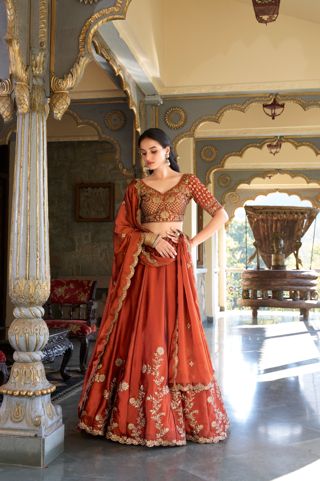 Rust Thread Embroidered Rangoli Silk Lehenga Choli