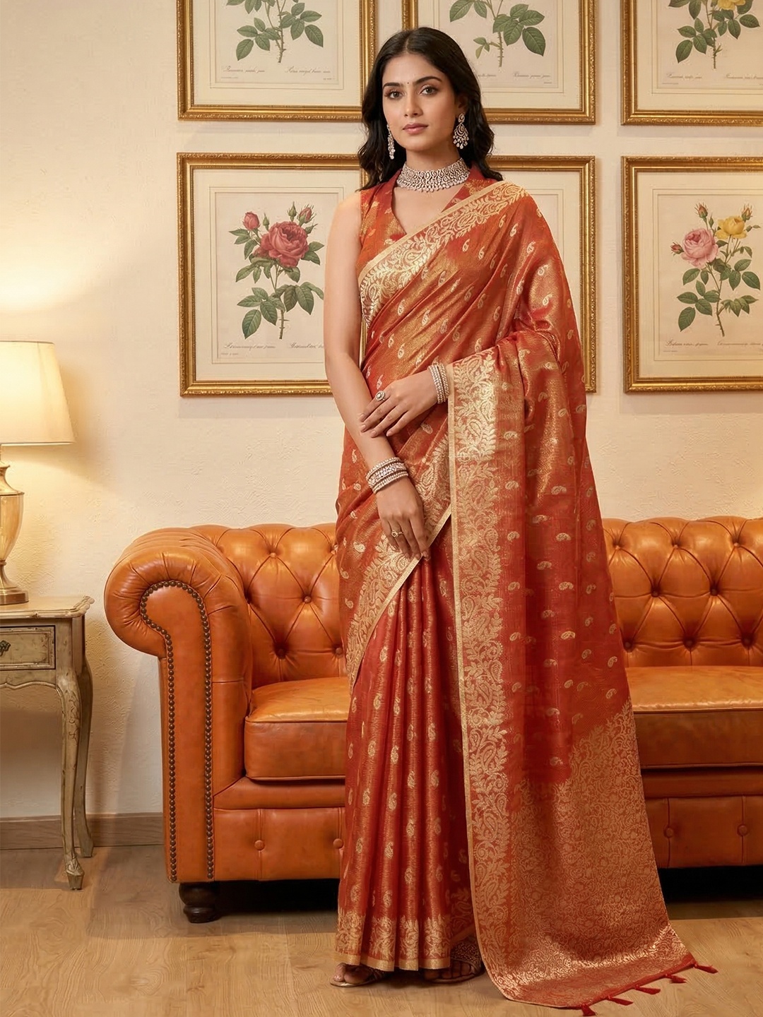 Rust Tissue Silk Woven Designer Saree