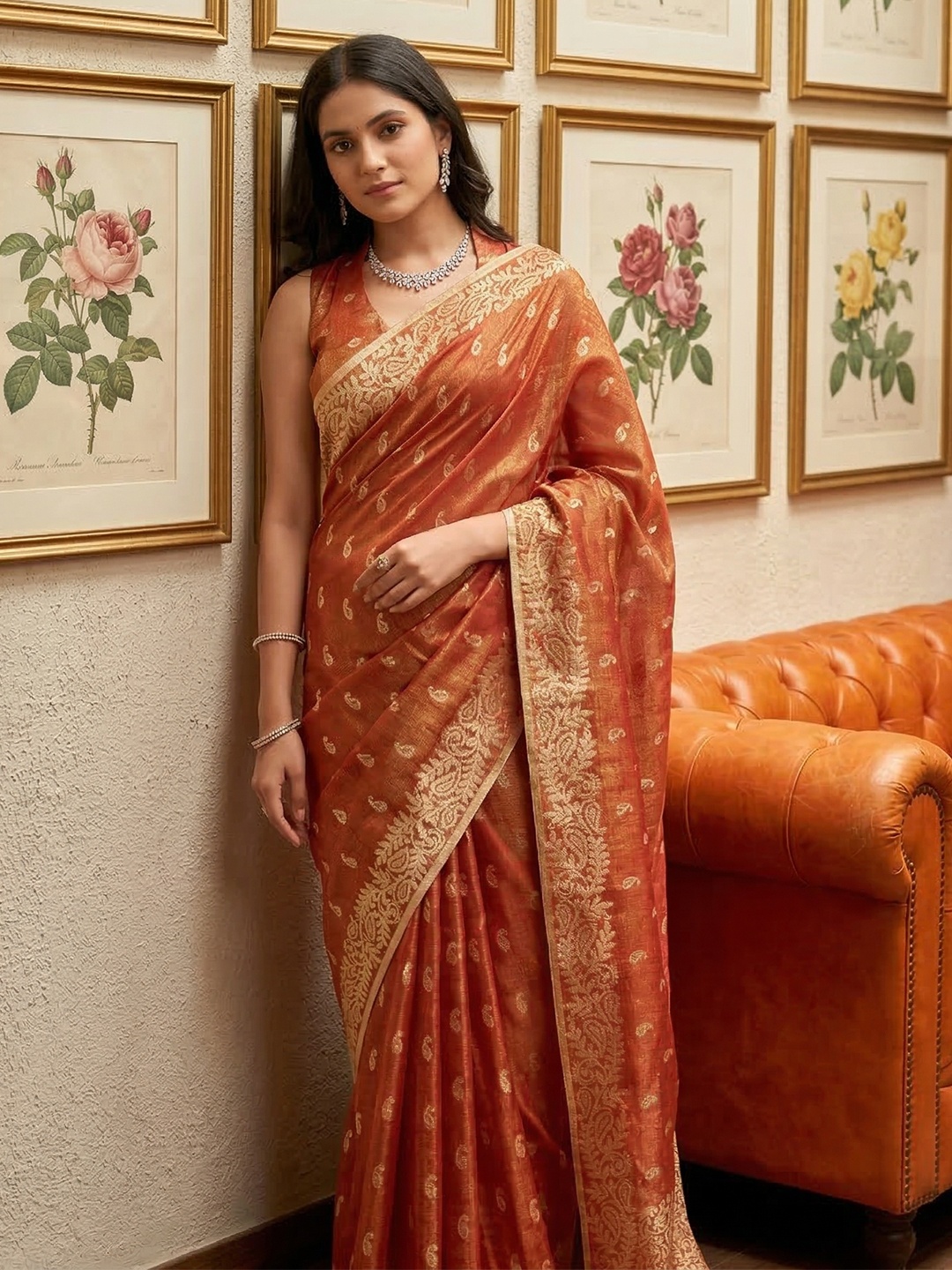 Rust Tissue Silk Woven Designer Saree
