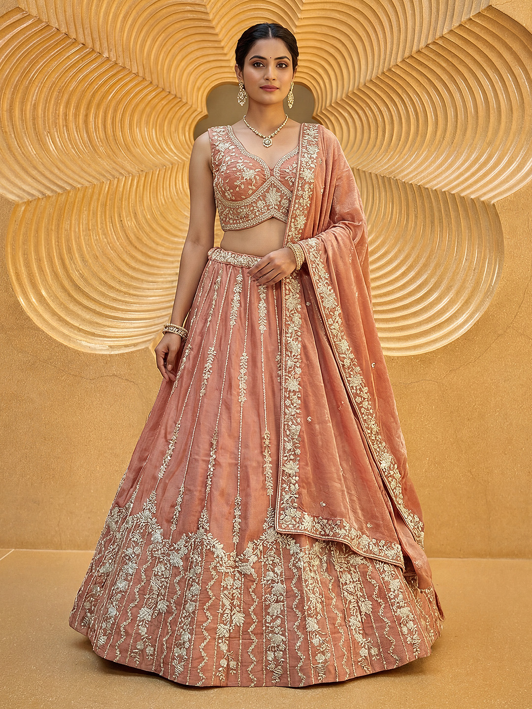 Rust Vertical Floral Sequin Chiffon Lehenga Choli
