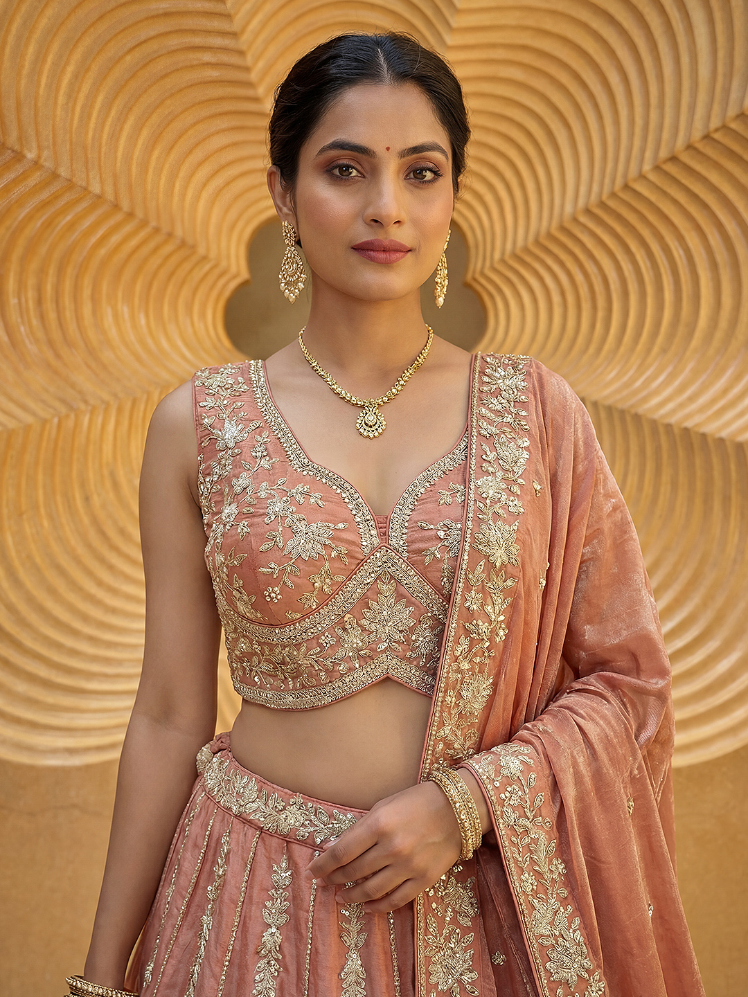 Rust Vertical Floral Sequin Chiffon Lehenga Choli