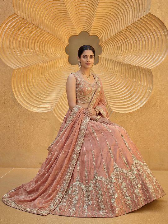 Rust Vertical Floral Sequin Chiffon Lehenga Choli