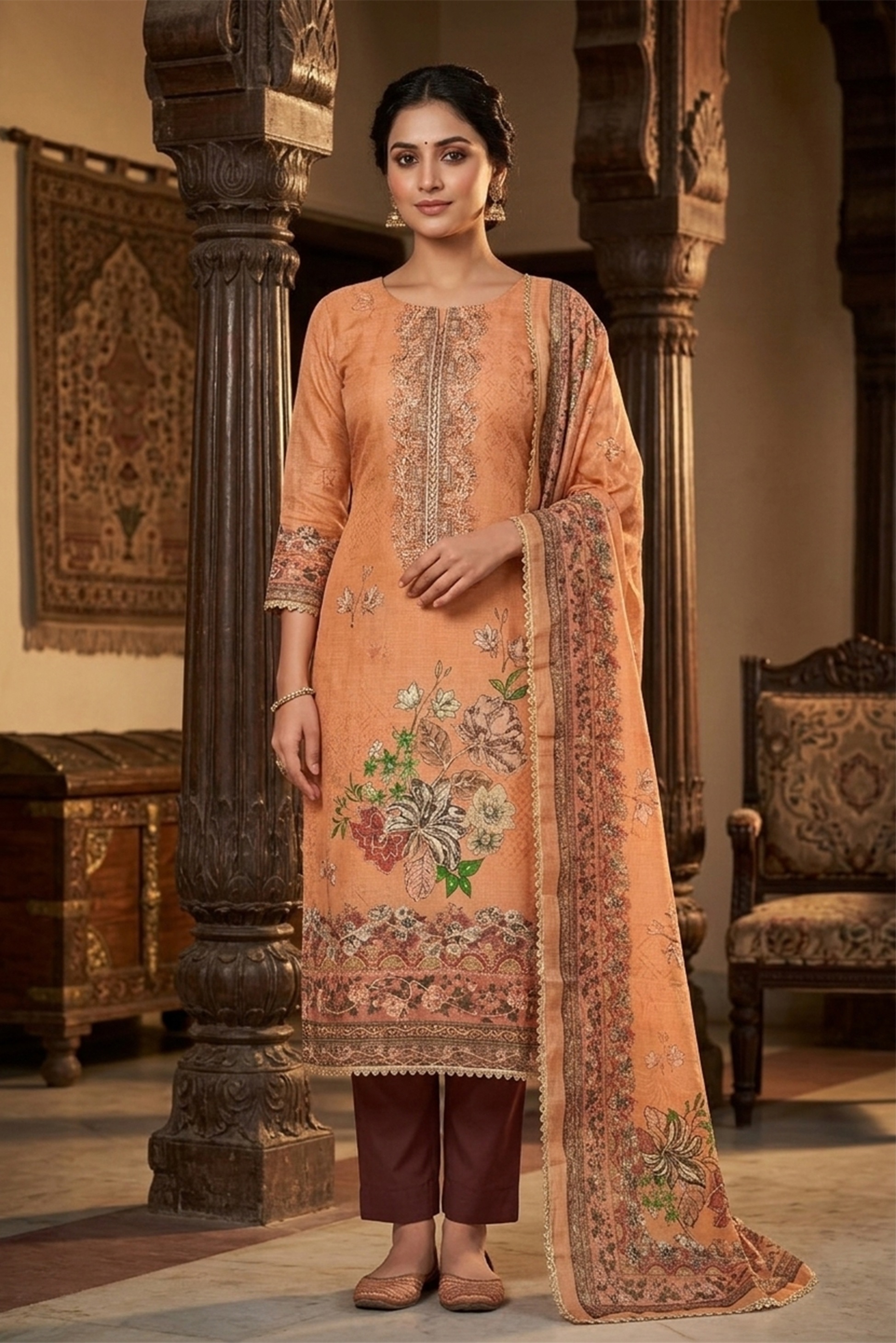 Rust Viscose Earthy Floral Printed Straight Pant Suit