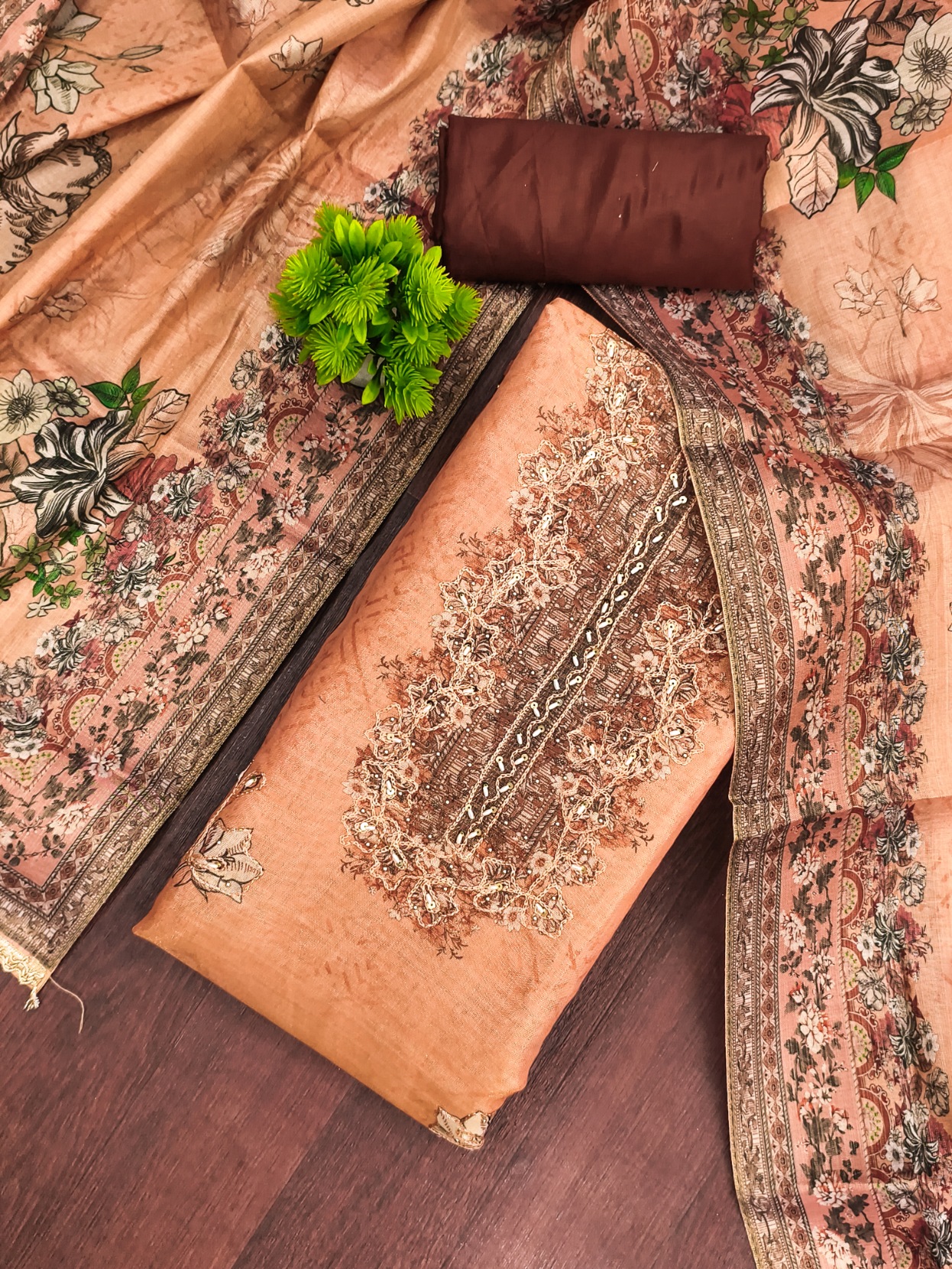Rust Viscose Earthy Floral Printed Straight Pant Suit