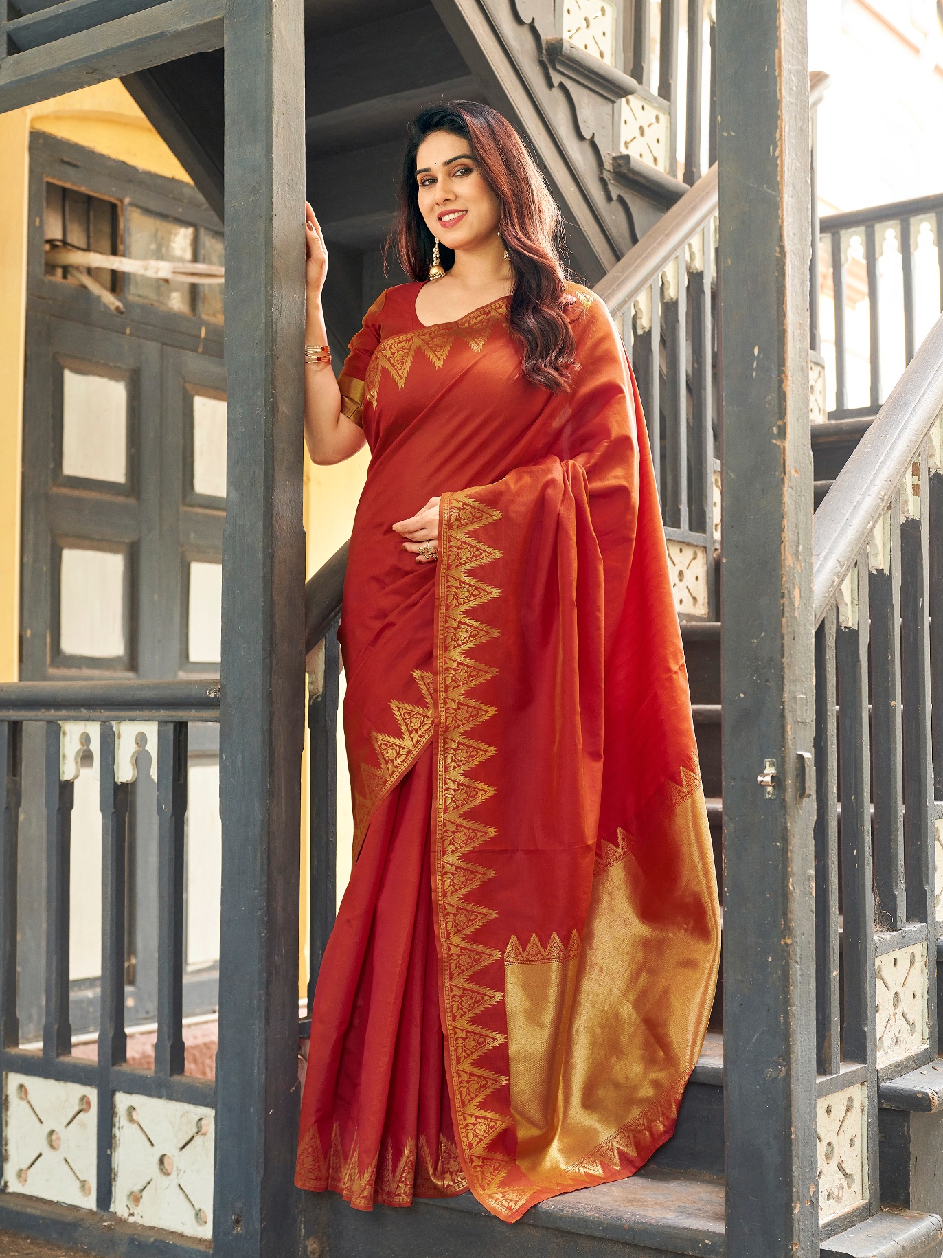 Rust Woven Gold Zari Banarasi Raw Silk Saree