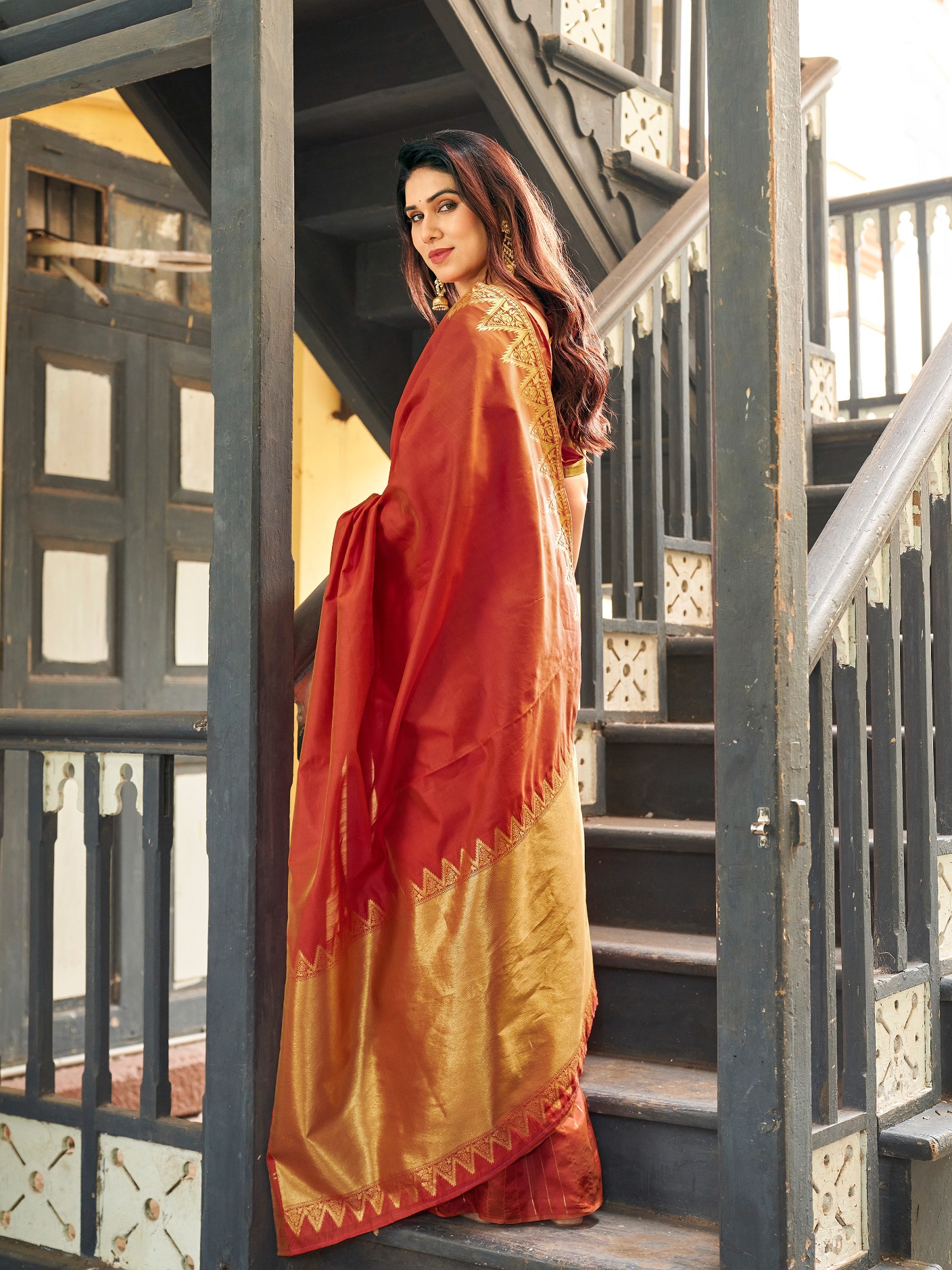 Rust Woven Gold Zari Banarasi Raw Silk Saree — alternate view