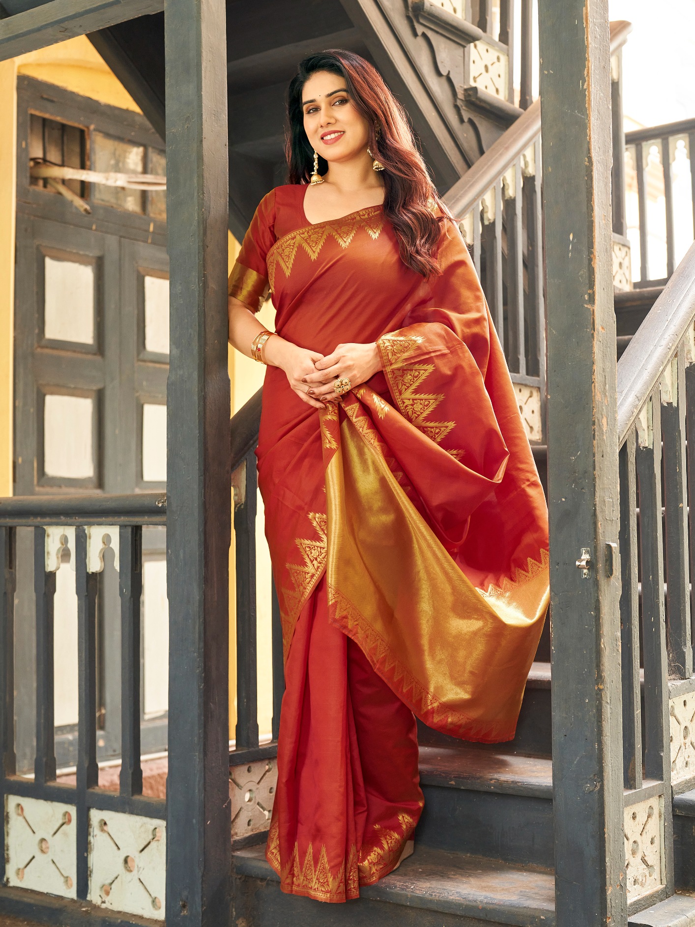 Rust Woven Gold Zari Banarasi Raw Silk Saree