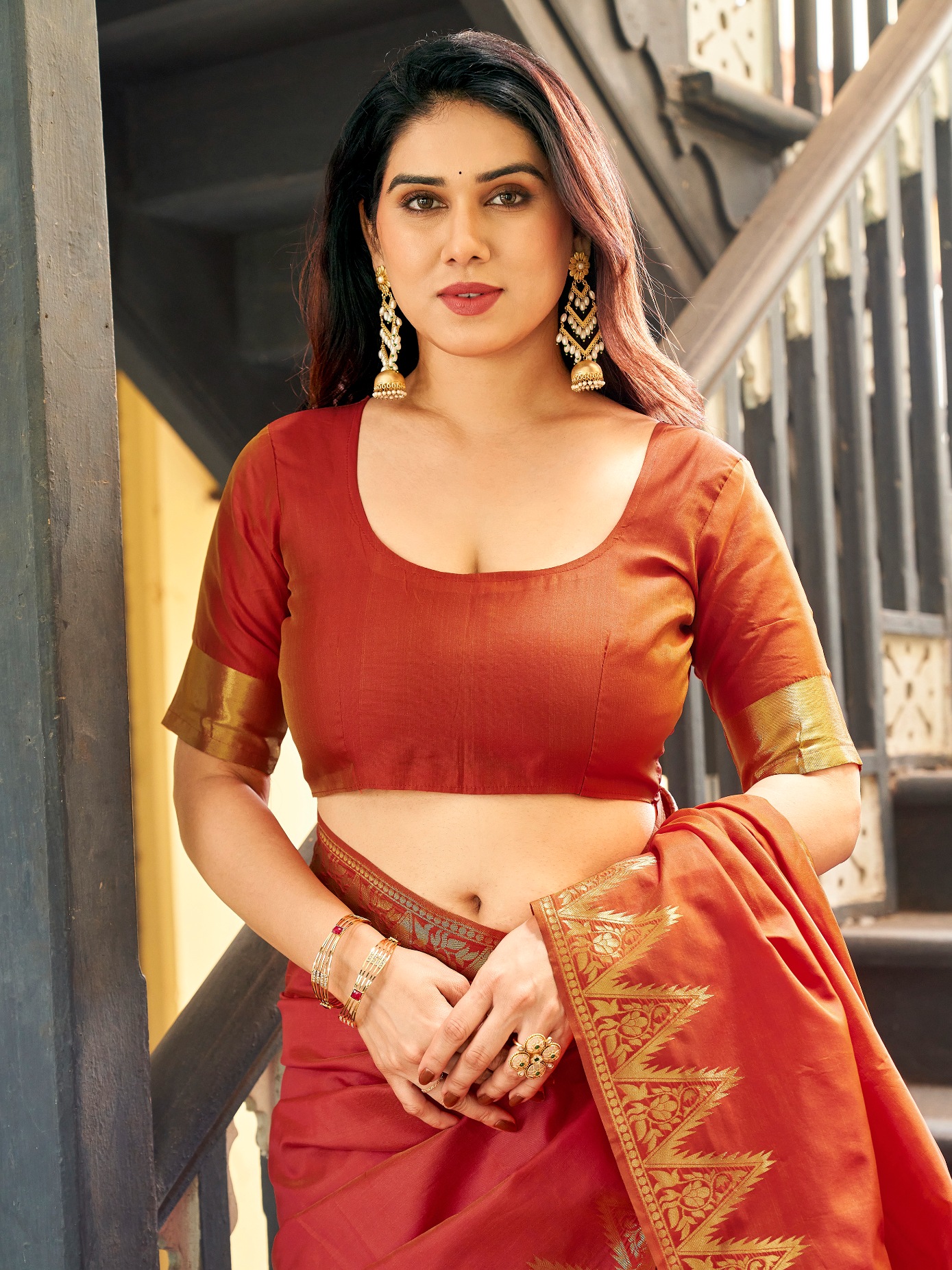 Rust Woven Gold Zari Banarasi Raw Silk Saree