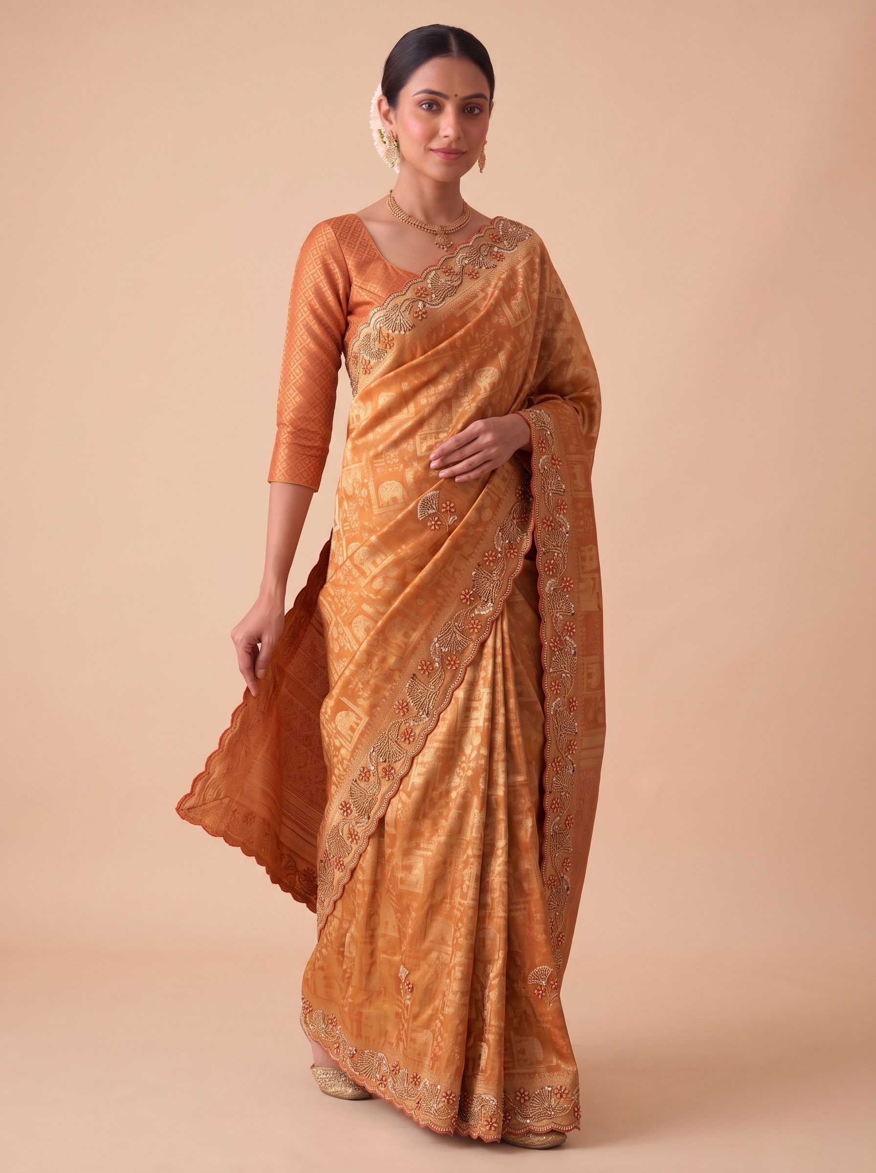 Rust Woven Handwork Banarasi Silk Saree