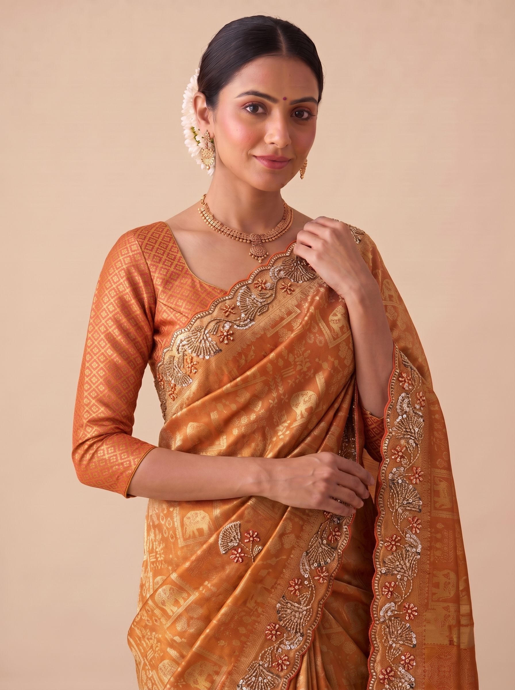Rust Woven Handwork Banarasi Silk Saree