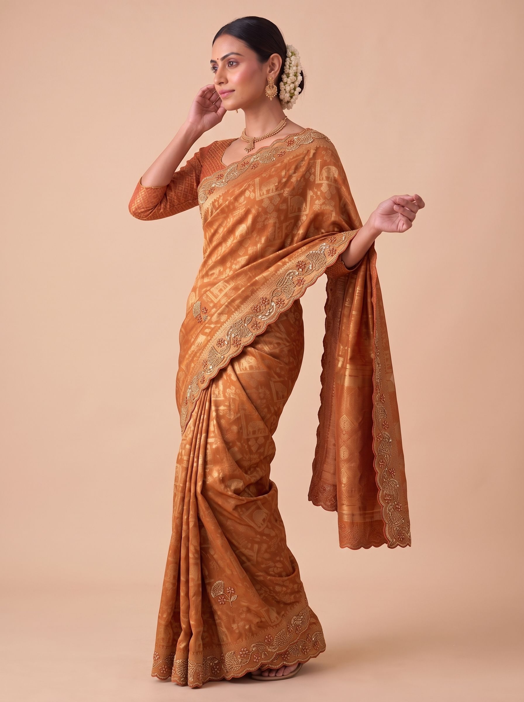 Rust Woven Handwork Banarasi Silk Saree
