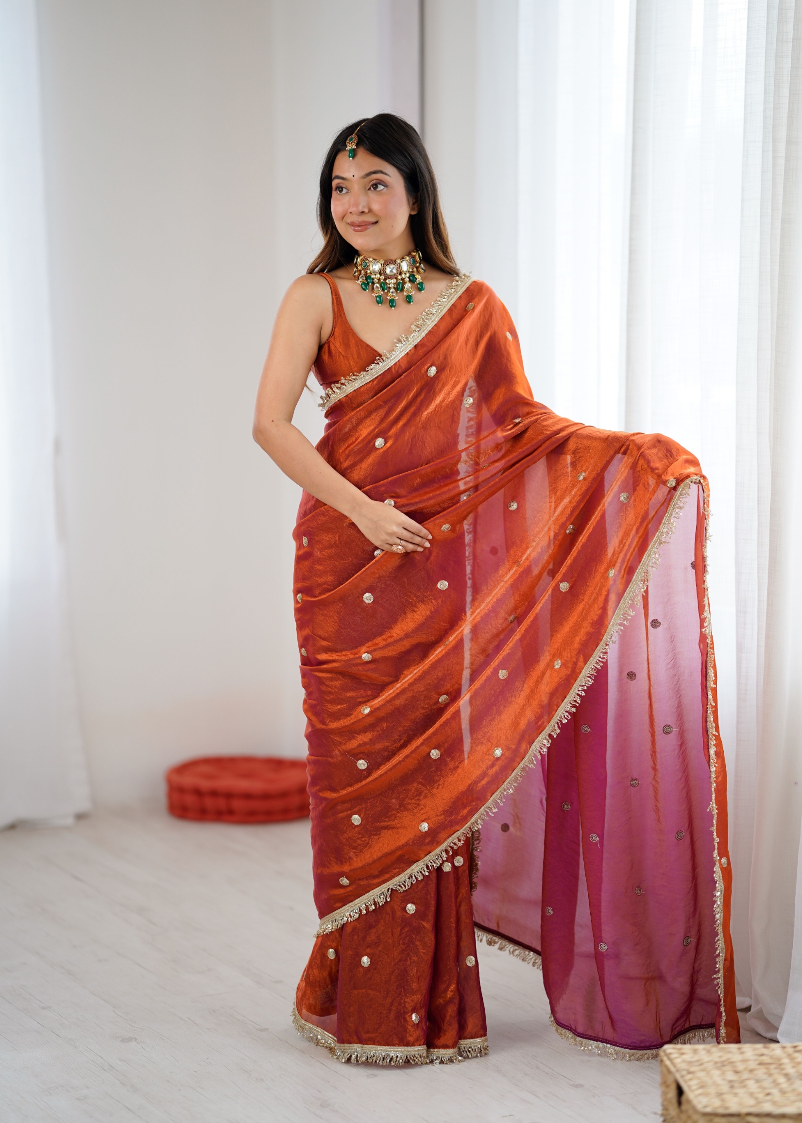 Rust Zari Sequin Fendy Satin Saree