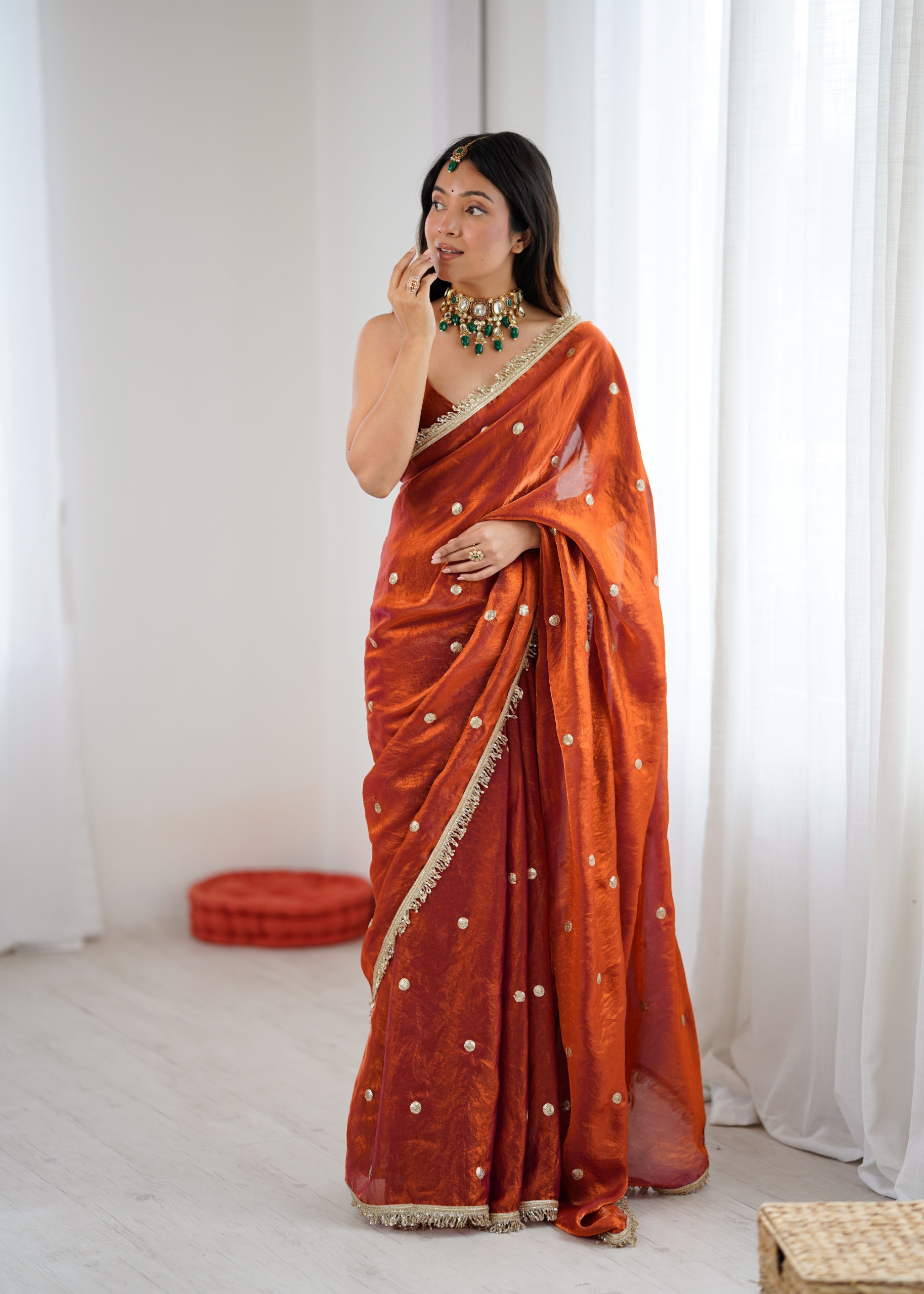 Rust Zari Sequin Fendy Satin Saree — alternate view