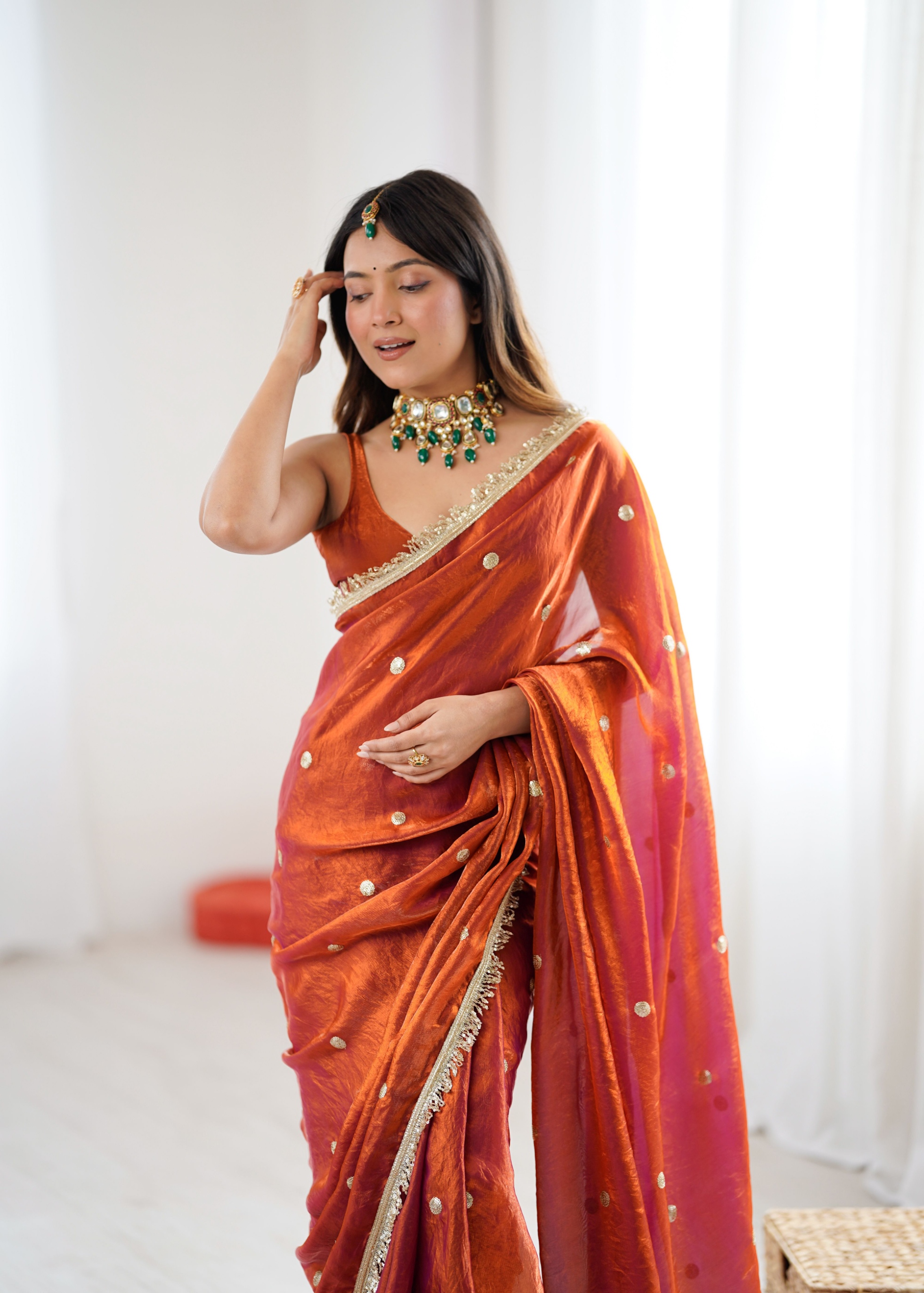 Rust Zari Sequin Fendy Satin Saree