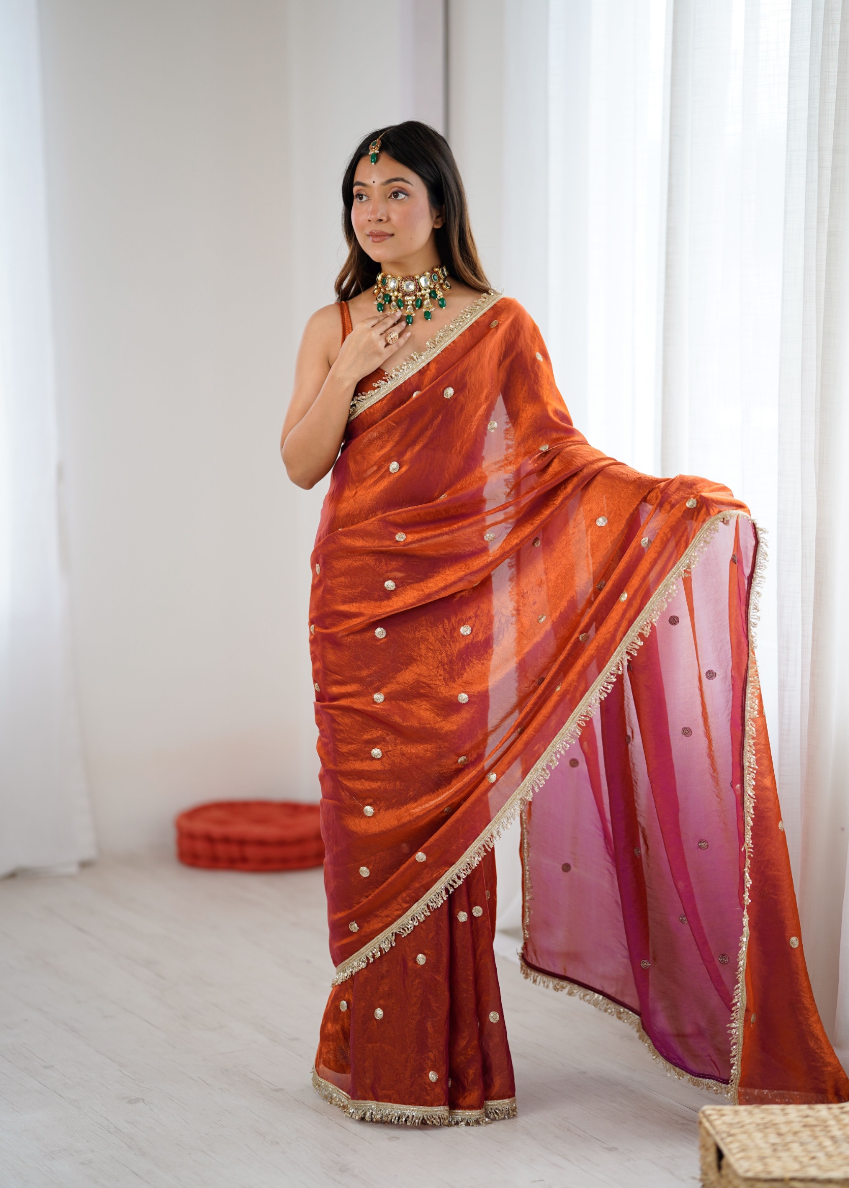 Rust Zari Sequin Fendy Satin Saree
