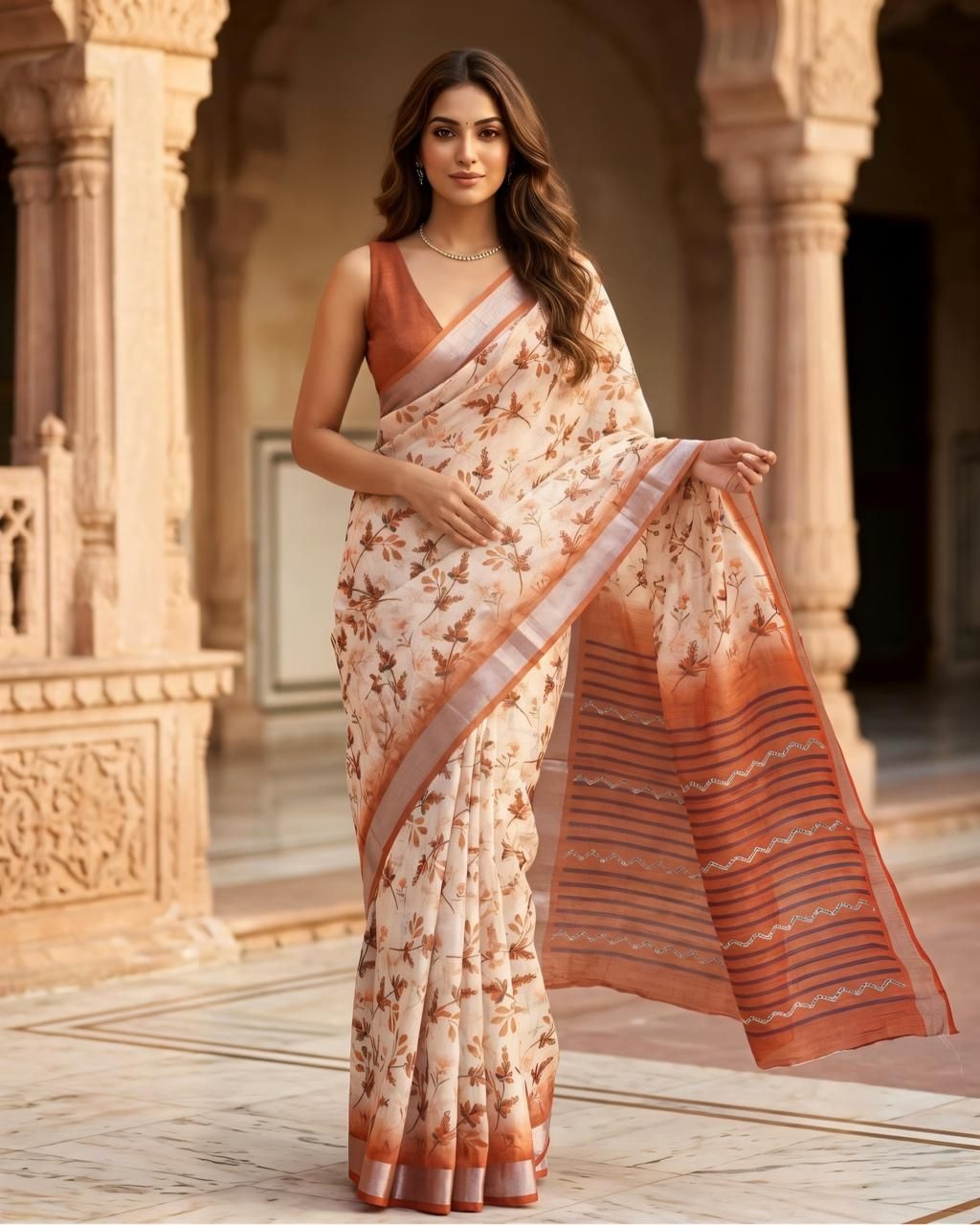 Rustic Blossom Linen Silk Saree