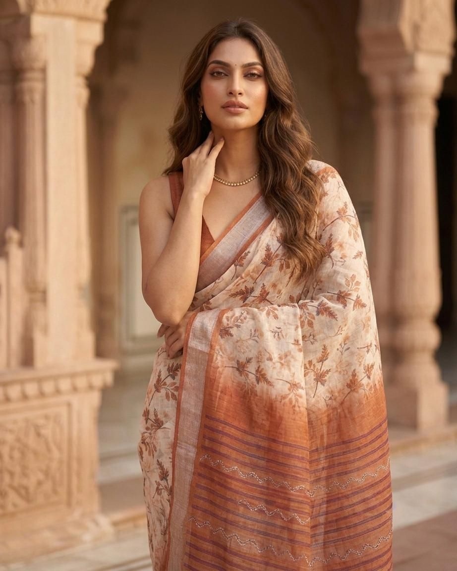 Rustic Blossom Linen Silk Saree — alternate view
