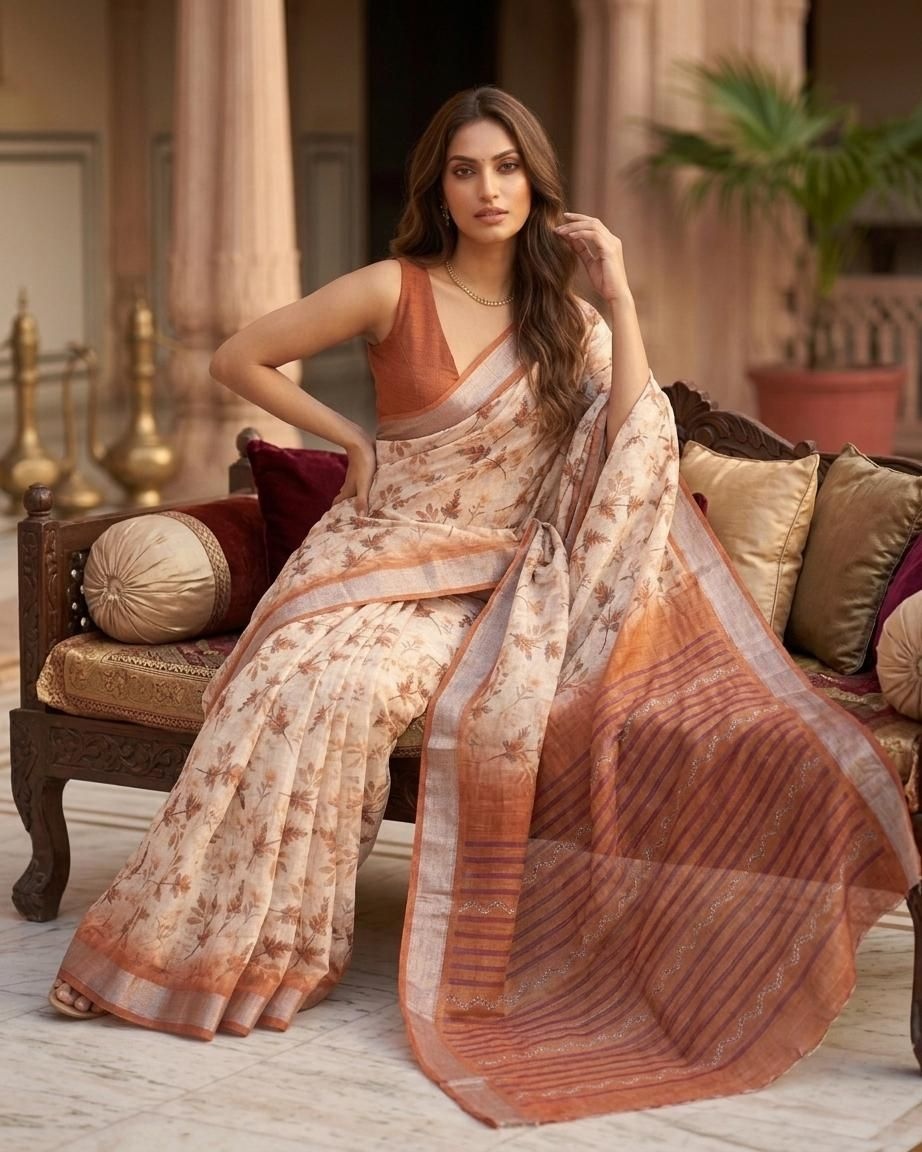 Rustic Blossom Linen Silk Saree