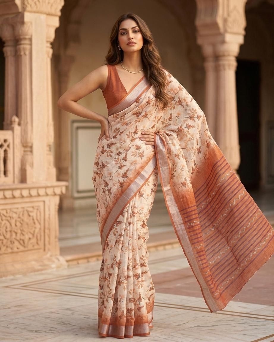 Rustic Blossom Linen Silk Saree